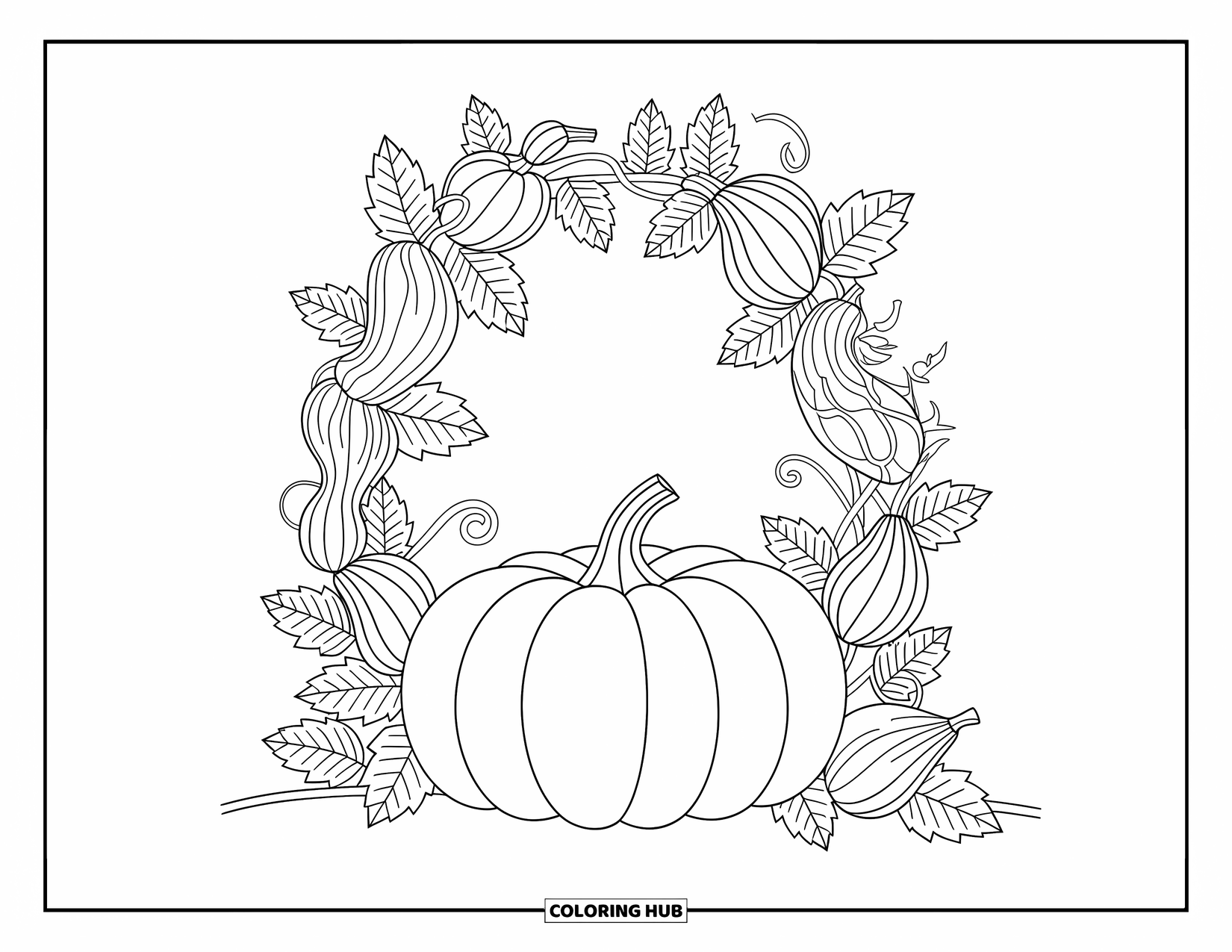 Pumpkin Patch Coloring Page for Adults: A large pumpkin sits beneath a leafy arch made of gourds and swirling vines