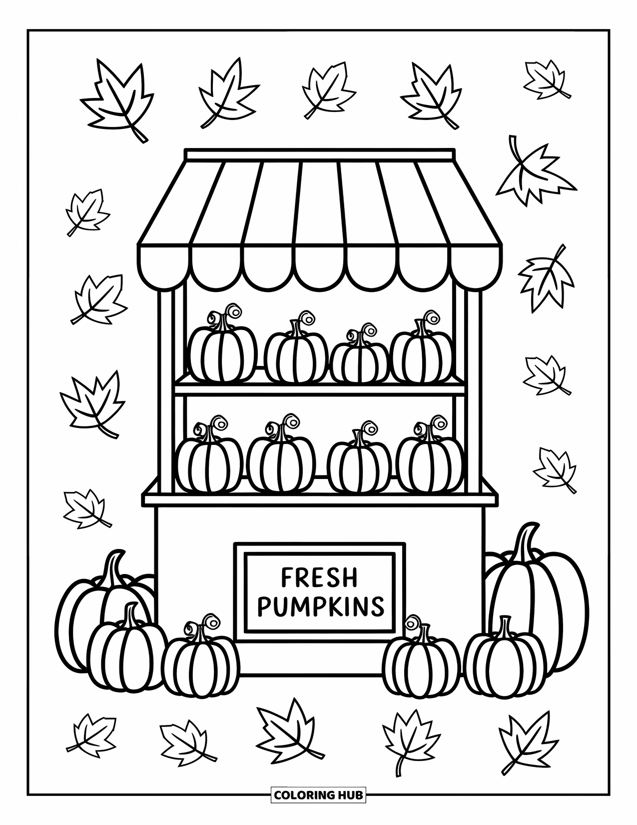 Pumpkin Patch Coloring Page for Adults: A market stall shows stacked pumpkins with signs and scattered leaves around
