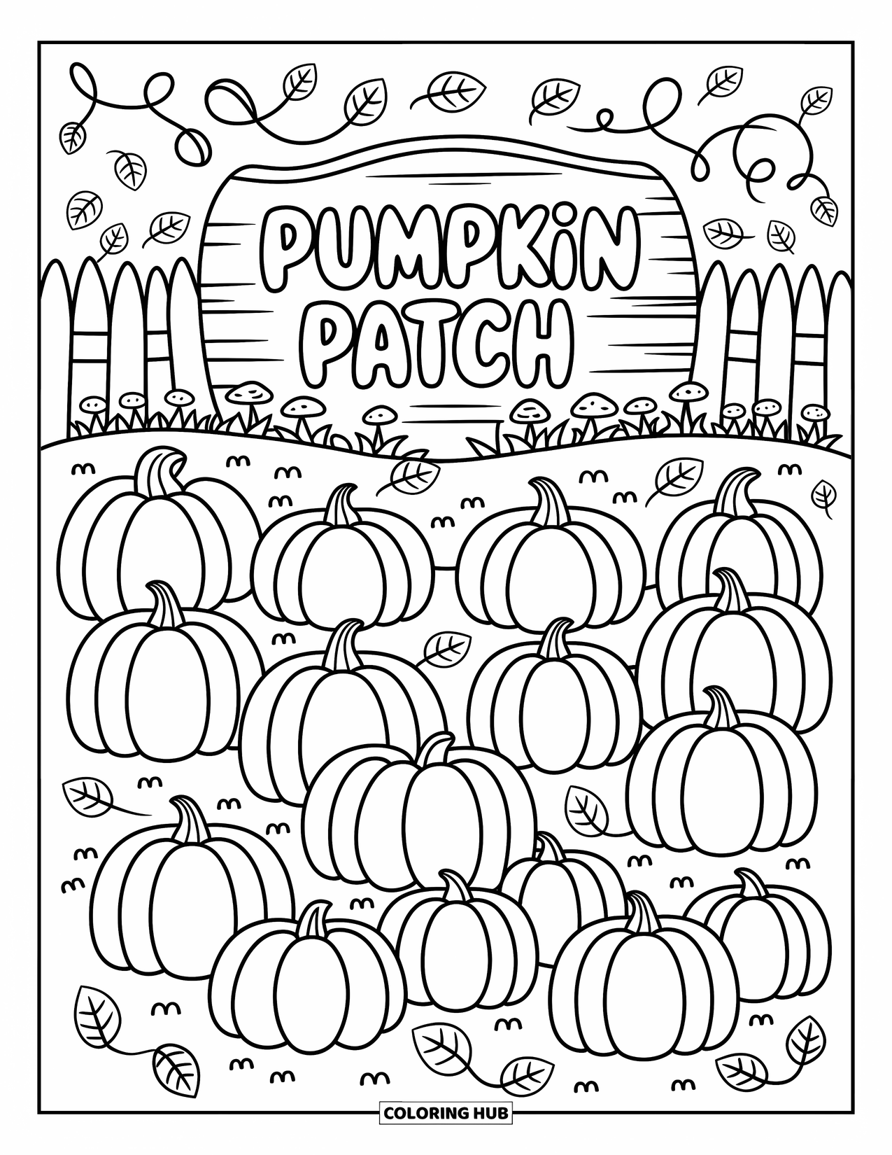 Pumpkin Patch Coloring Page for Adults: A playful patch with pumpkins, leaves, and a cheerful sign welcomes fall fun