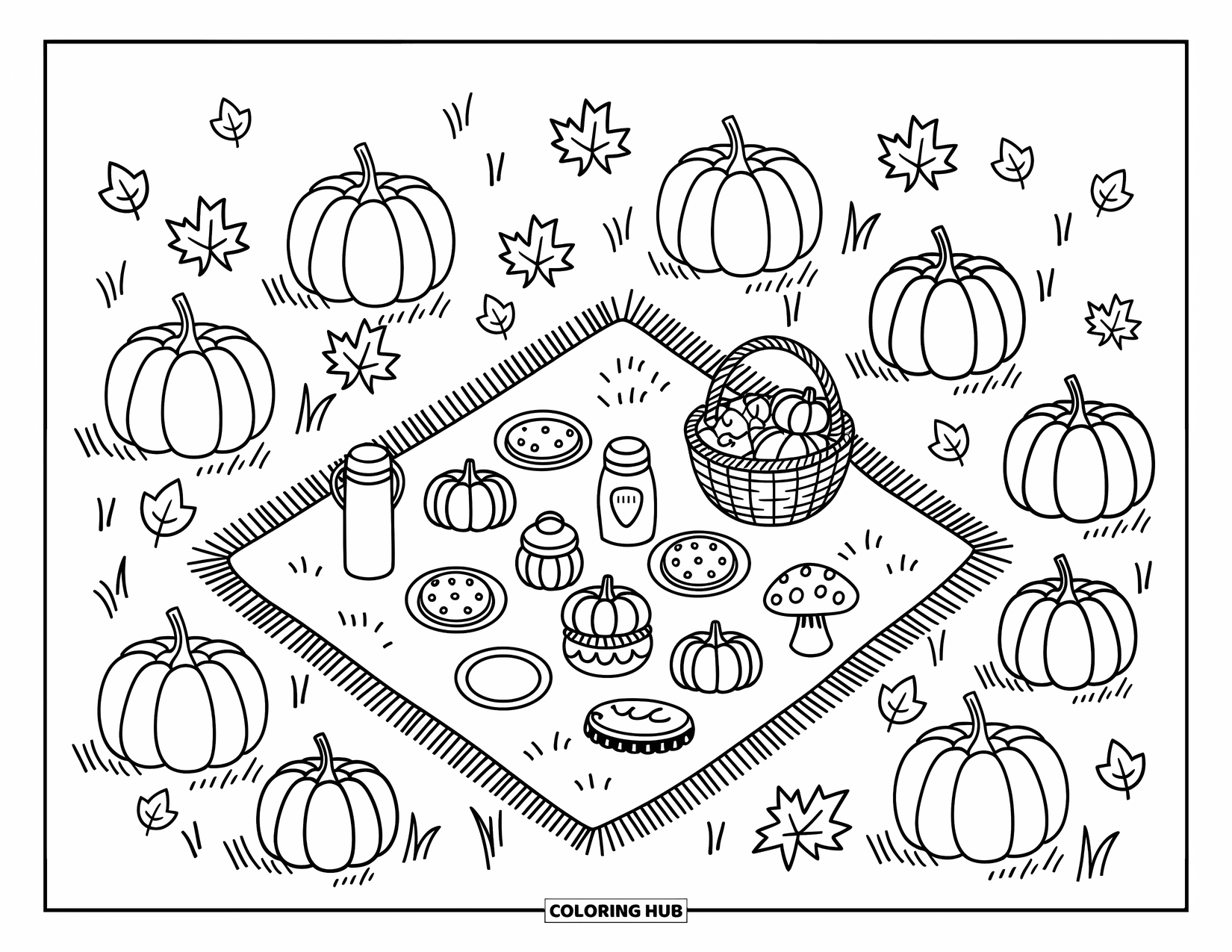 Pumpkin Patch Coloring Page for Adults: A tiny picnic setup with pumpkins and treats rests in a peaceful autumn patch