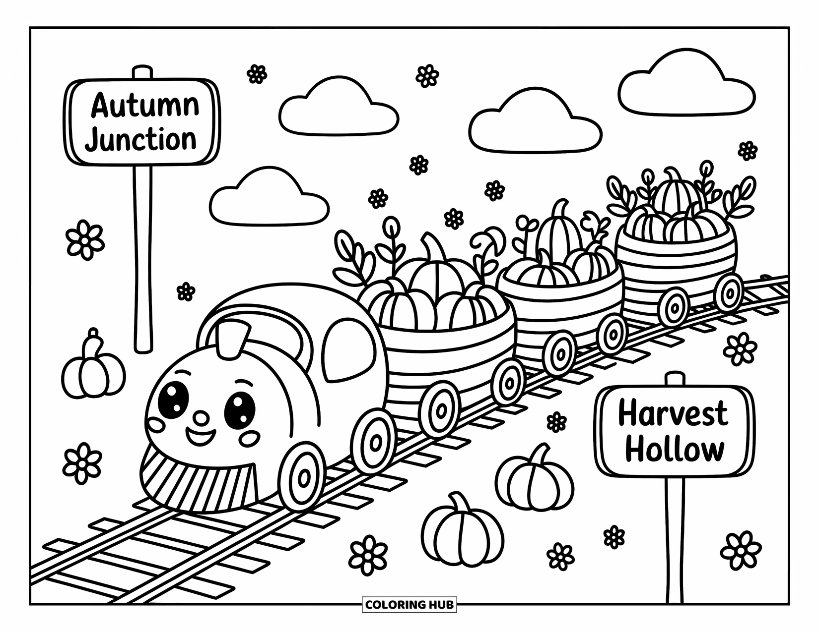Pumpkin Patch Coloring Page for Adults: A tiny train carries pumpkins through a cozy patch with clouds and flower details