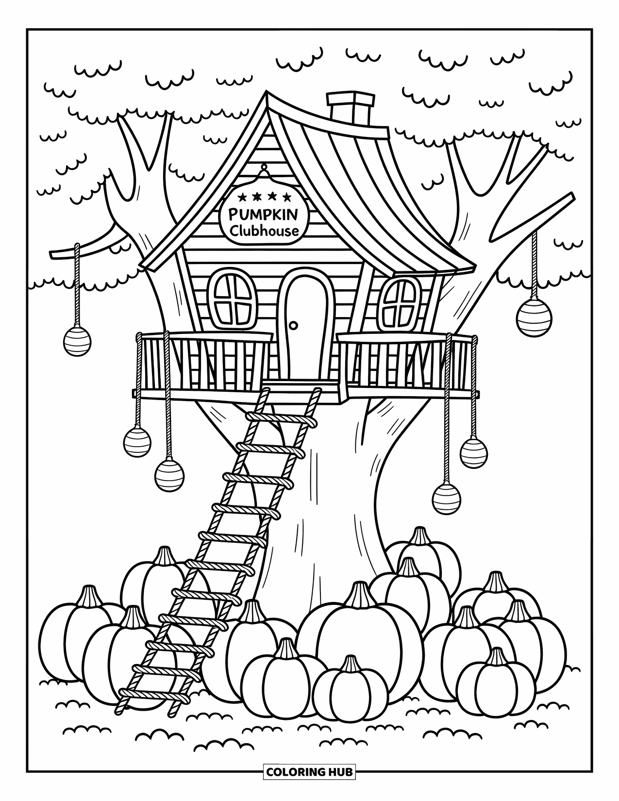 Pumpkin Patch Coloring Page for Adults: A treehouse stands tall over pumpkins with lanterns and a "Pumpkin Clubhouse" sign