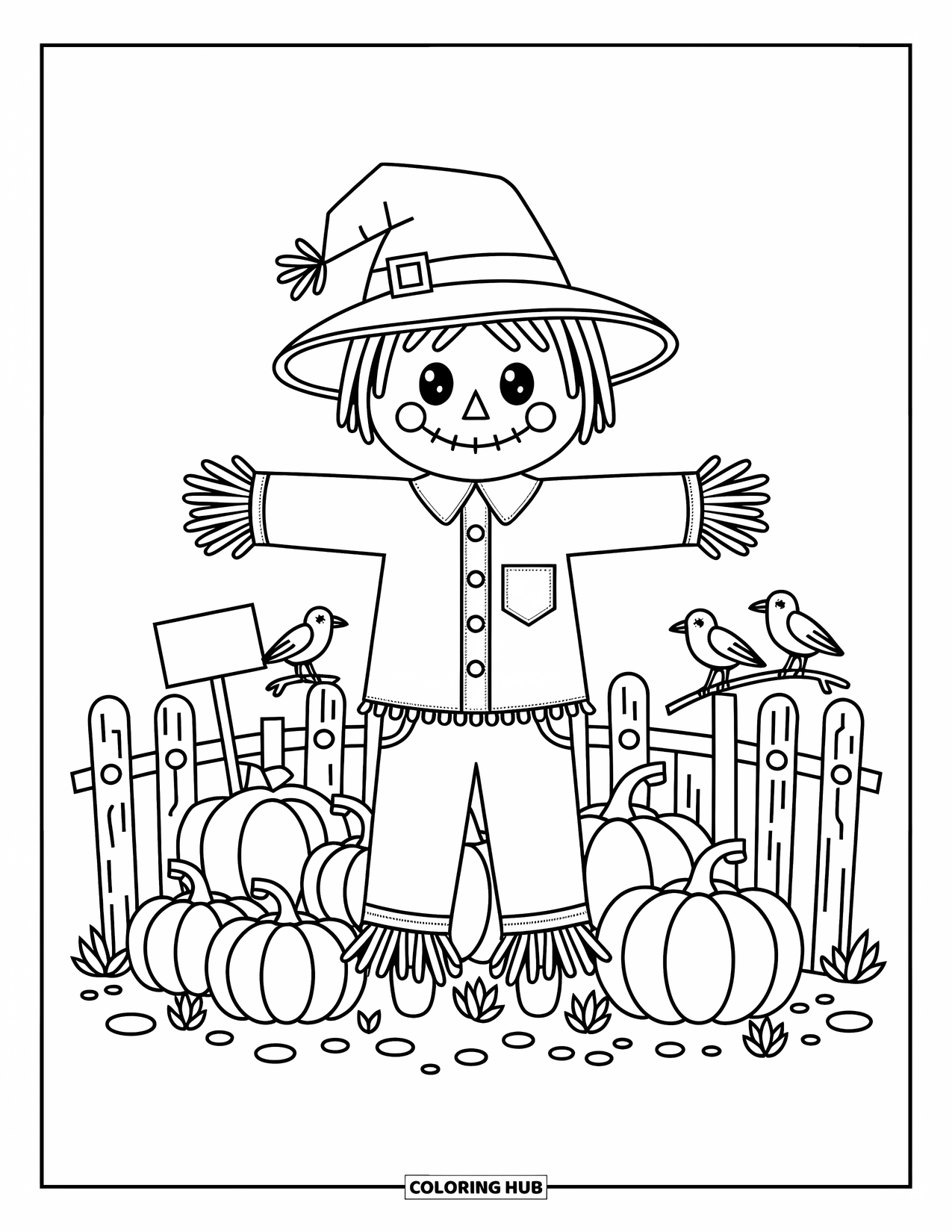 Pumpkin Patch Coloring Page for Adults: Cute crows perch near a scarecrow in a patch of smiling pumpkins and signs