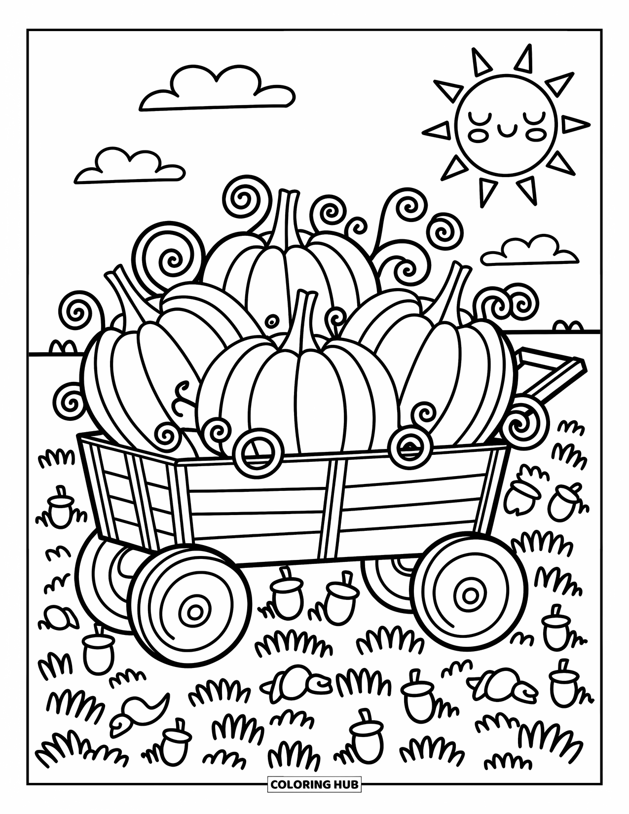 Pumpkin Patch Coloring Page for Adults: Cute pumpkins ride in a wagon with vines, haystacks, and sleepy sunshine