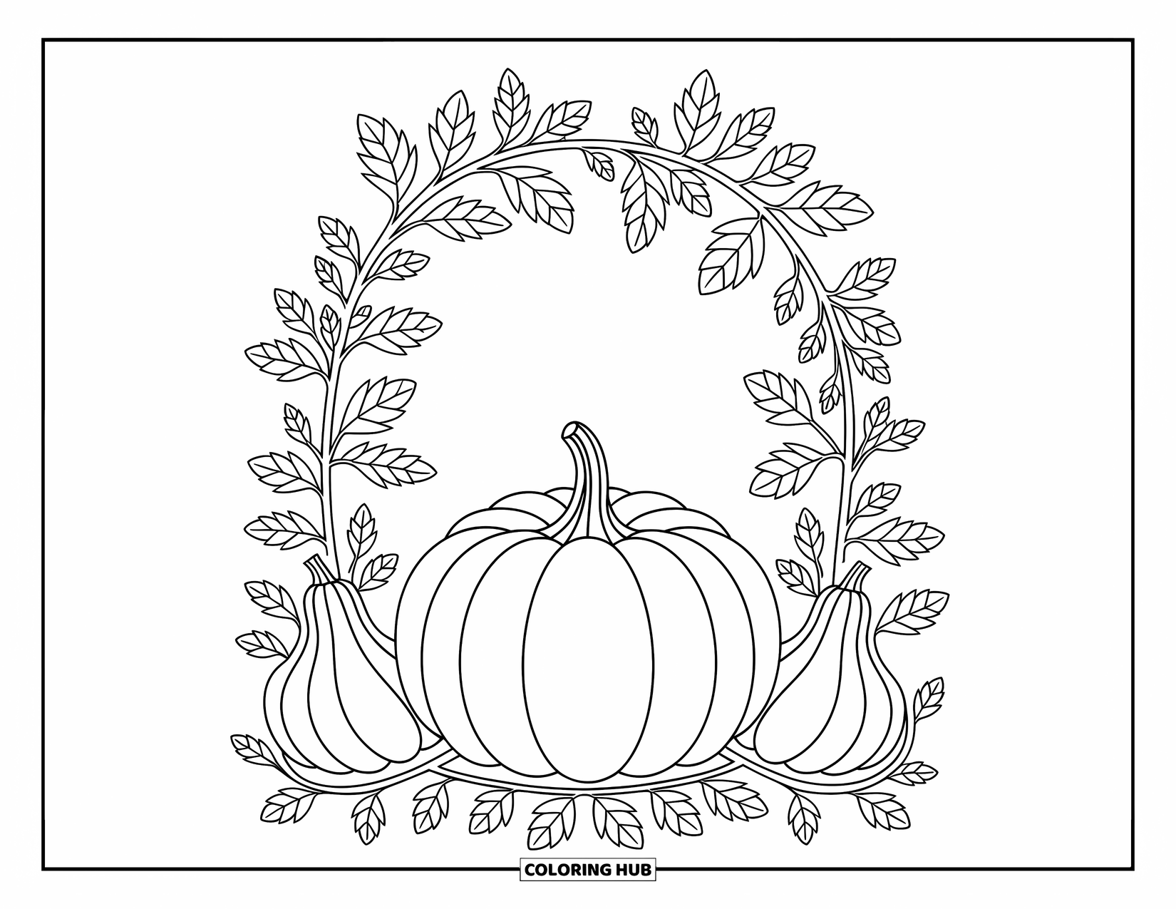 Pumpkin Patch Coloring Page for Adults: Pumpkin and leafy arch come together with flowing vines and cozy fall details