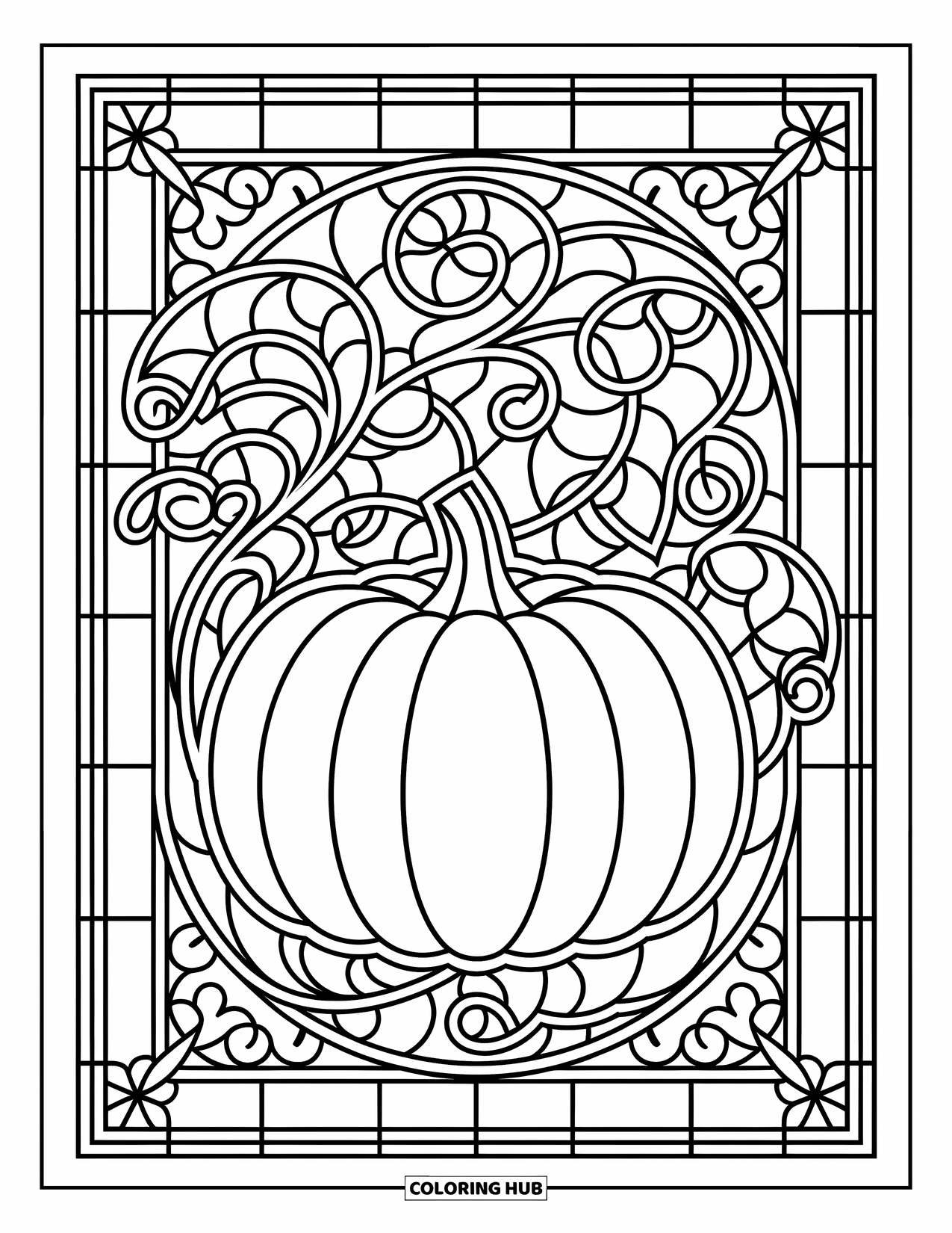 Pumpkin Patch Coloring Page for Adults: Pumpkin and swirling leaves sit within a stained glass design full of cozy accents