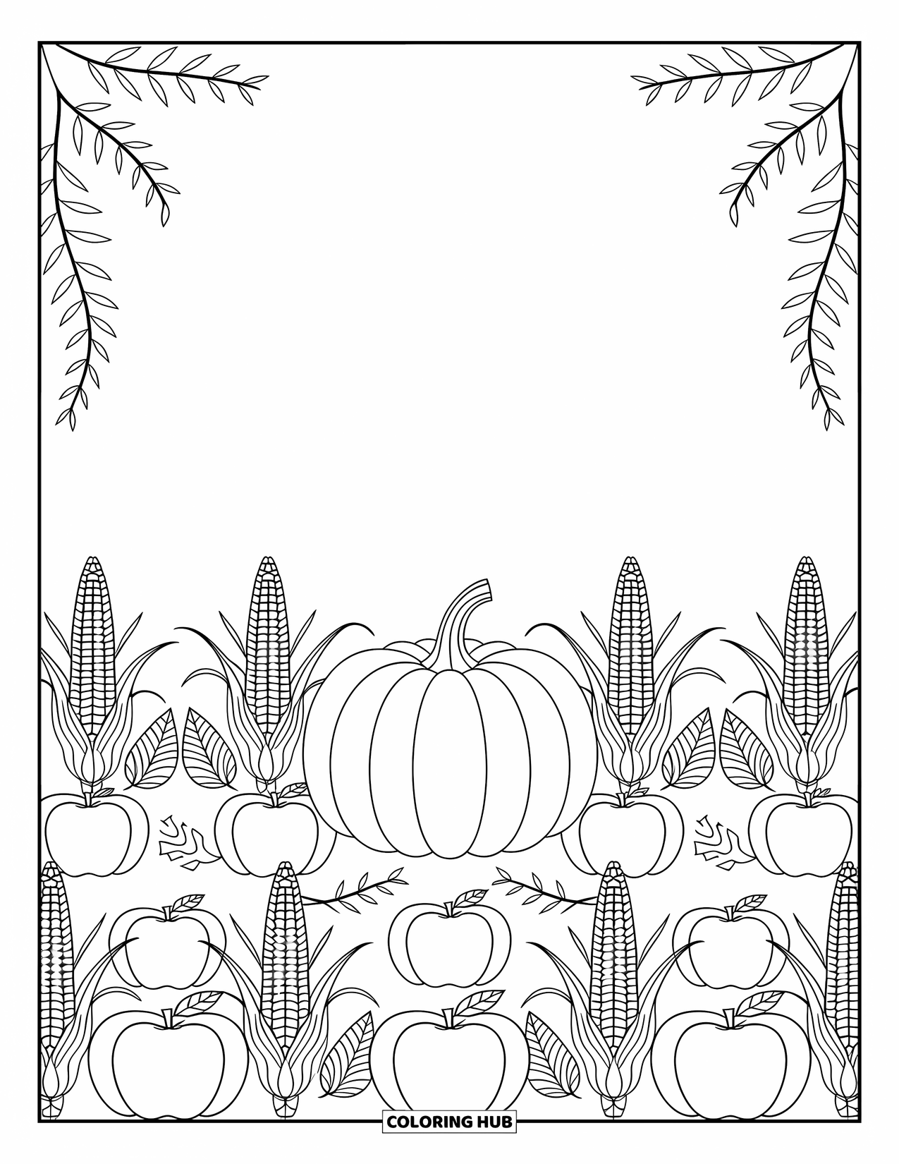 Pumpkin Patch Coloring Page for Adults: Pumpkin, corn, and apples are framed by vines and swirling leaves in a fall setting