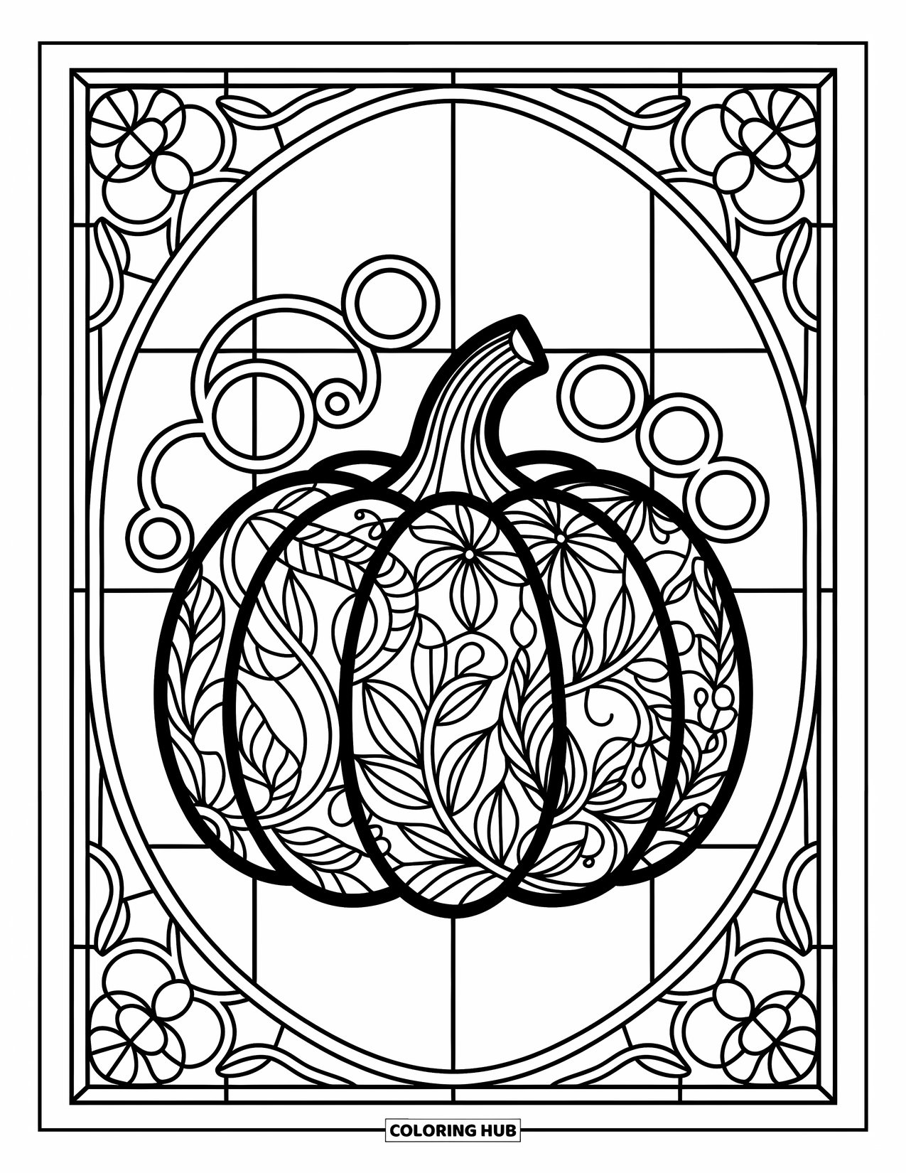 Pumpkin Patch Coloring Page for Adults: Pumpkin with floral swirls rests in a stained glass frame filled with tiny vine details