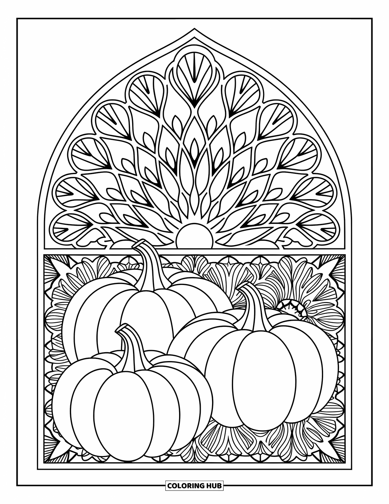 Pumpkin Patch Coloring Page for Adults: Pumpkins are nestled under an arched mandala with swirling flowers and leafy vines