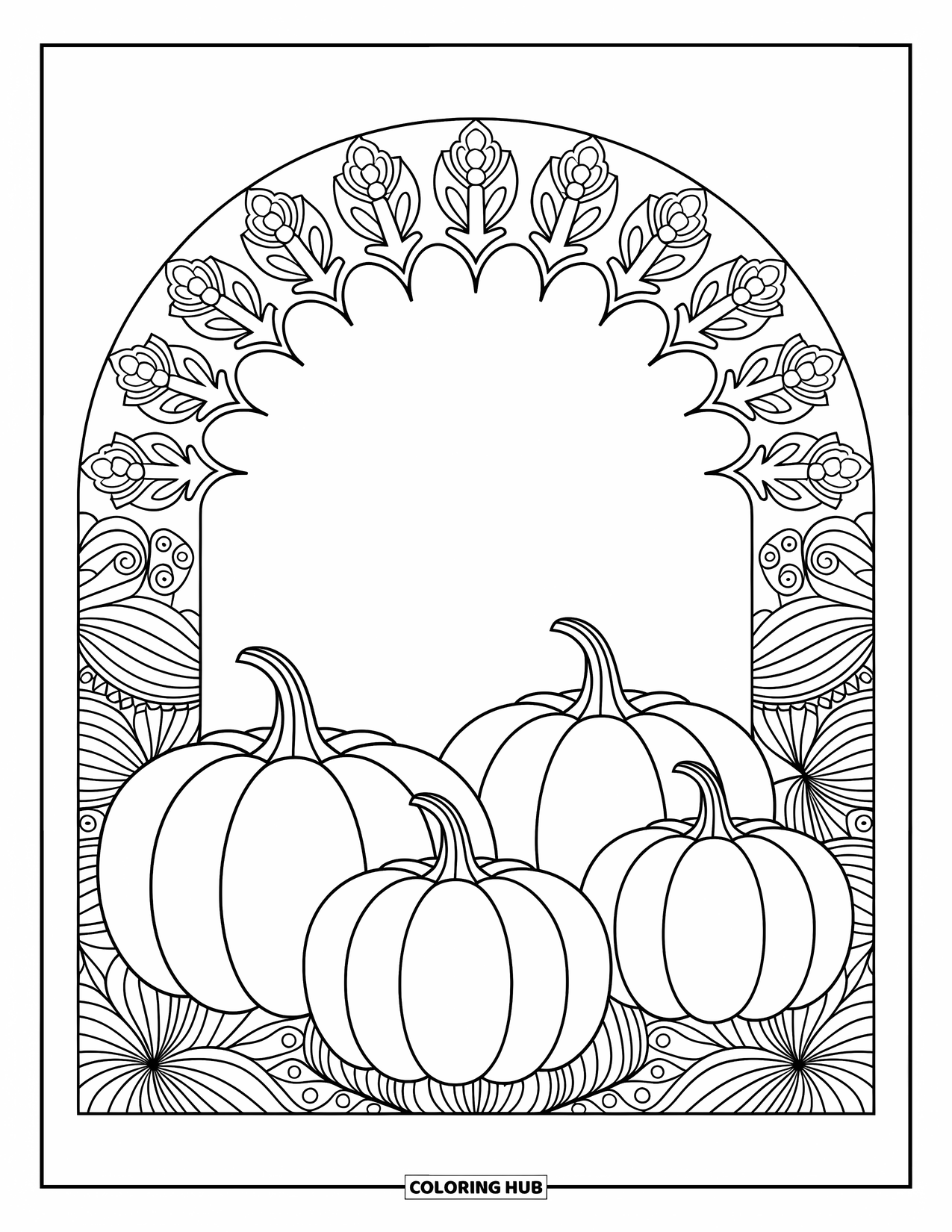Pumpkin Patch Coloring Page for Adults: Pumpkins rest beneath a floral arch in a peaceful, detailed mandala design