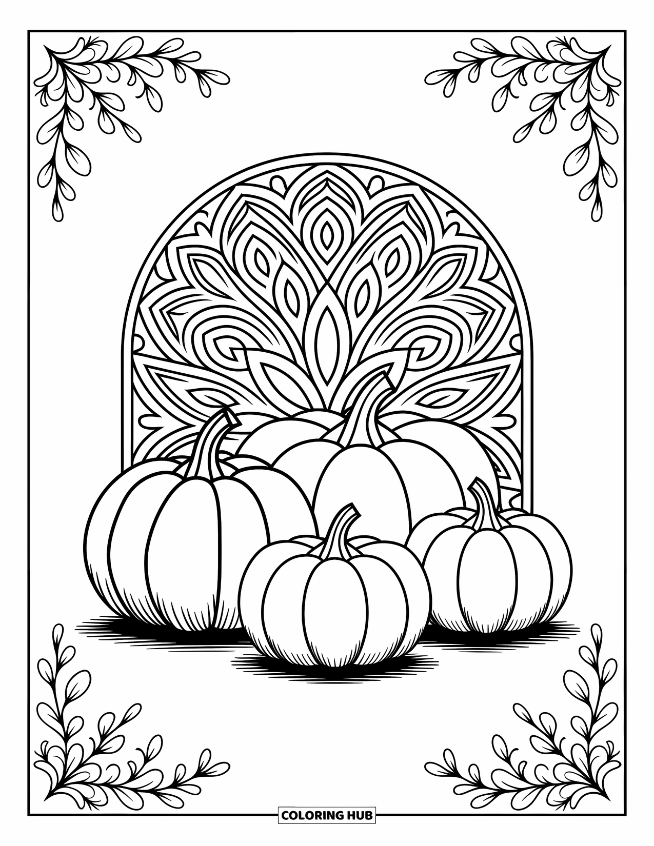 Pumpkin Patch Coloring Page for Adults: Pumpkins rest beneath a leafy arch in a swirling mandala full of relaxing details