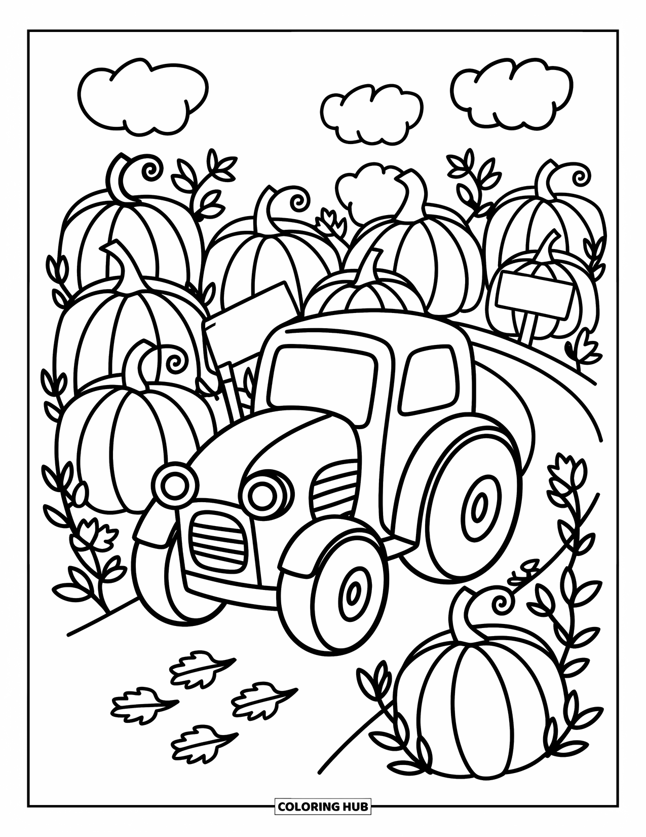 Pumpkin Patch Coloring Page for Adults: Pumpkins, signs, and weeds fill a path as a cute tractor drives by