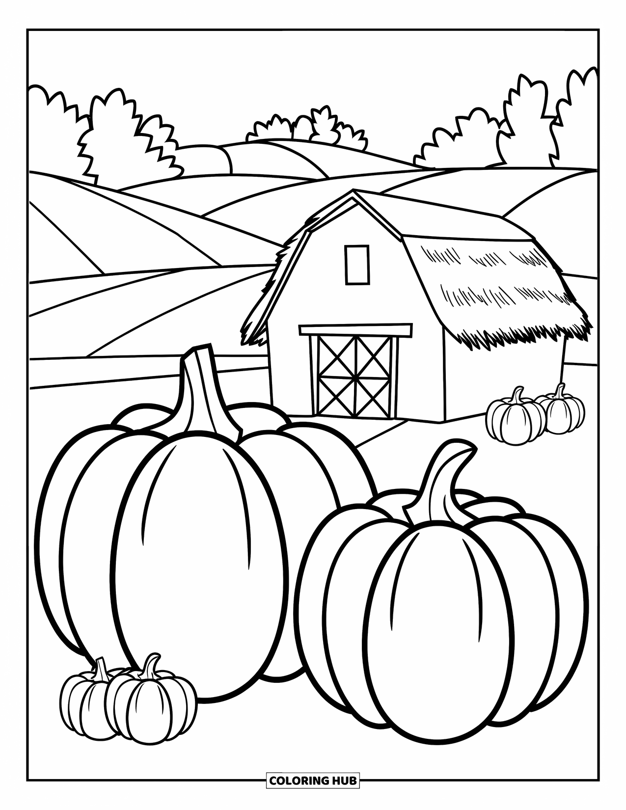 Pumpkin Patch Coloring Page for Kids: A barn with pumpkins and distant hills creates a peaceful autumn scene
