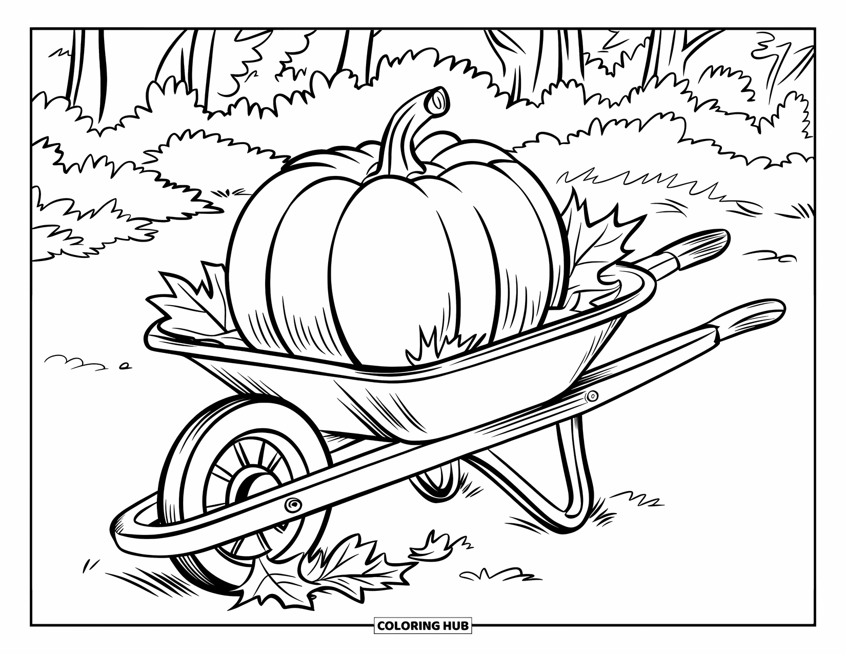 Pumpkin Patch Coloring Page for Kids: A big pumpkin rides in a wheelbarrow surrounded by falling leaves
