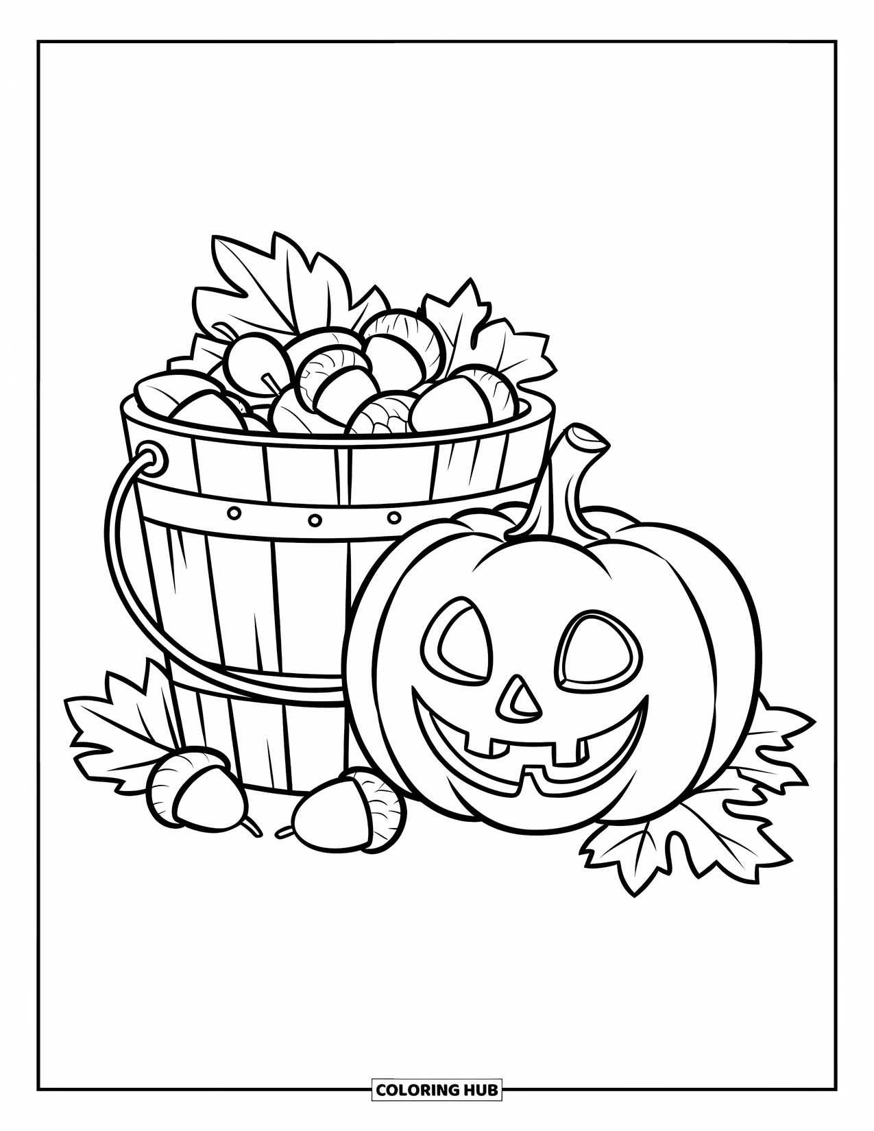 Pumpkin Patch Coloring Page for Kids: A cheerful pumpkin rests next to a bucket filled with acorns and leaves