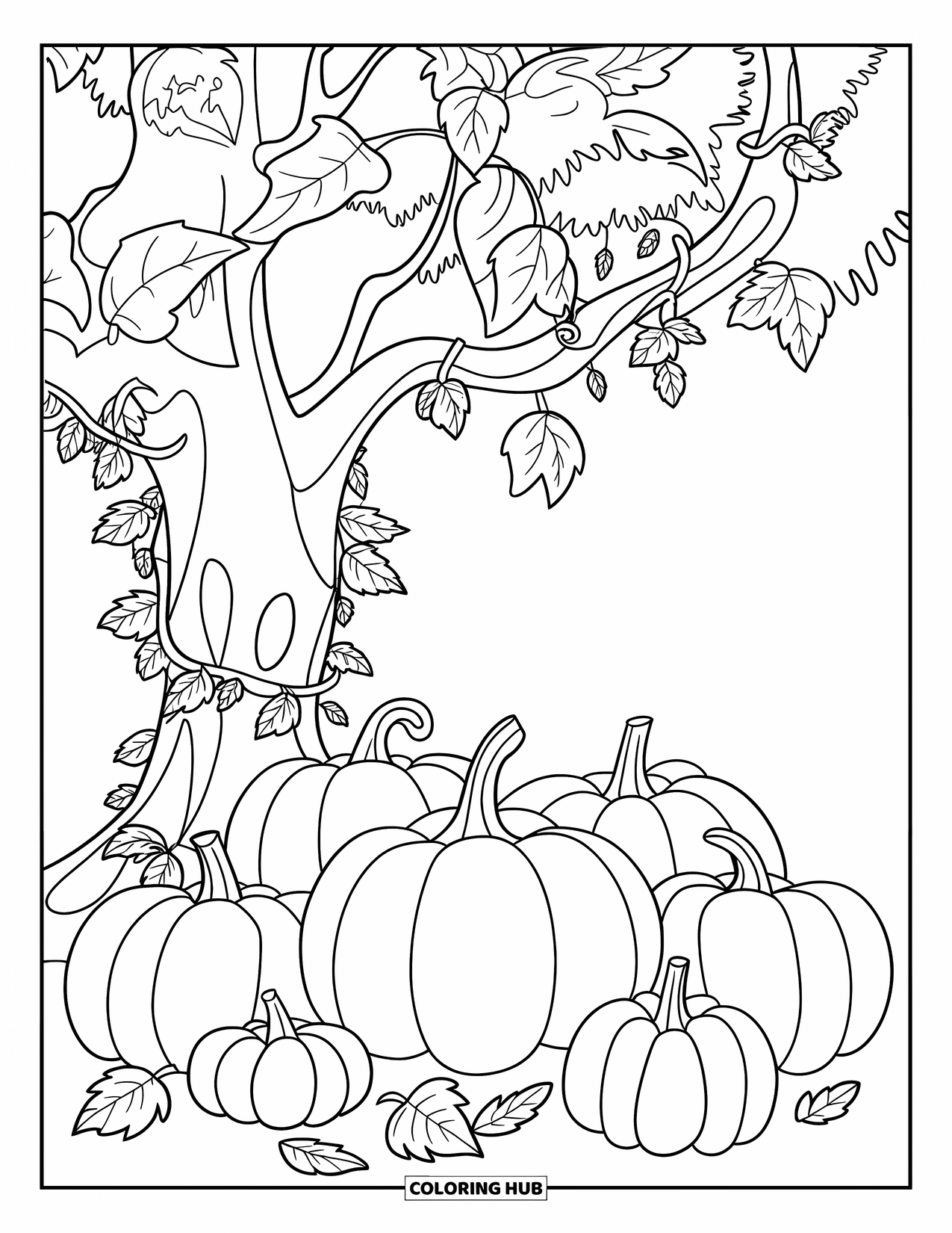 Pumpkin Patch Coloring Page for Kids: A cozy pumpkin patch rests under a tree with twisting vines