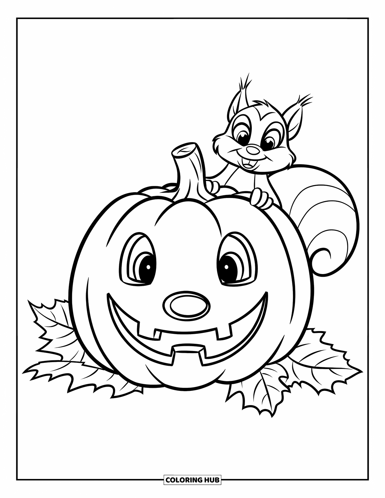 Pumpkin Patch Coloring Page for Kids: A happy pumpkin with a playful squirrel holding on to it