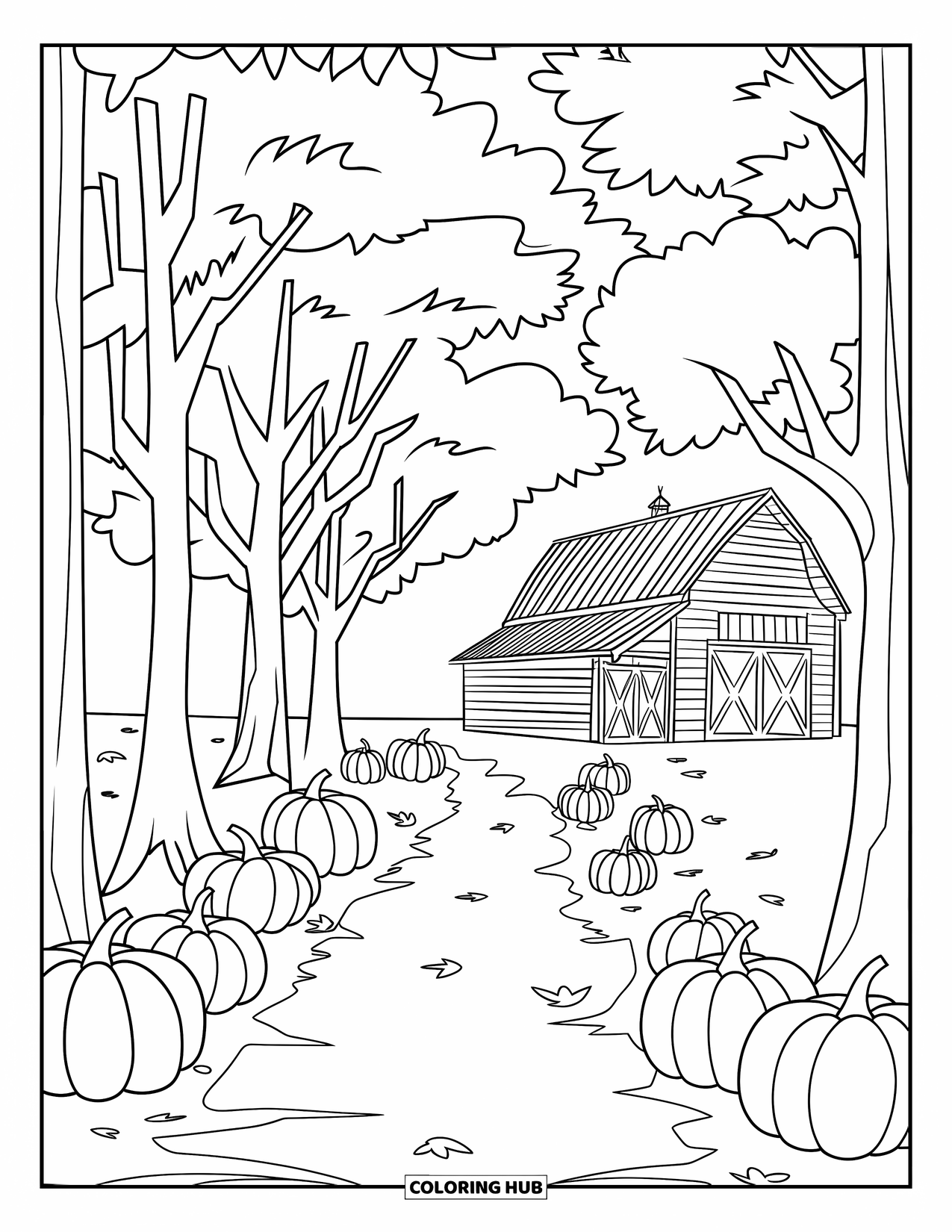 Pumpkin Patch Coloring Page for Kids: A leaf-covered trail of pumpkins winds toward a rustic barn and tall trees