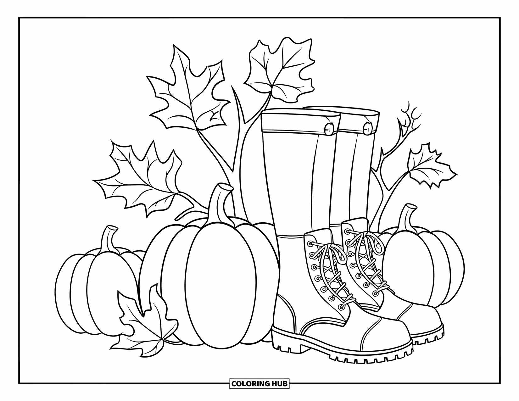 Pumpkin Patch Coloring Page for Kids: A pair of boots next to pumpkins and leafy autumn branches