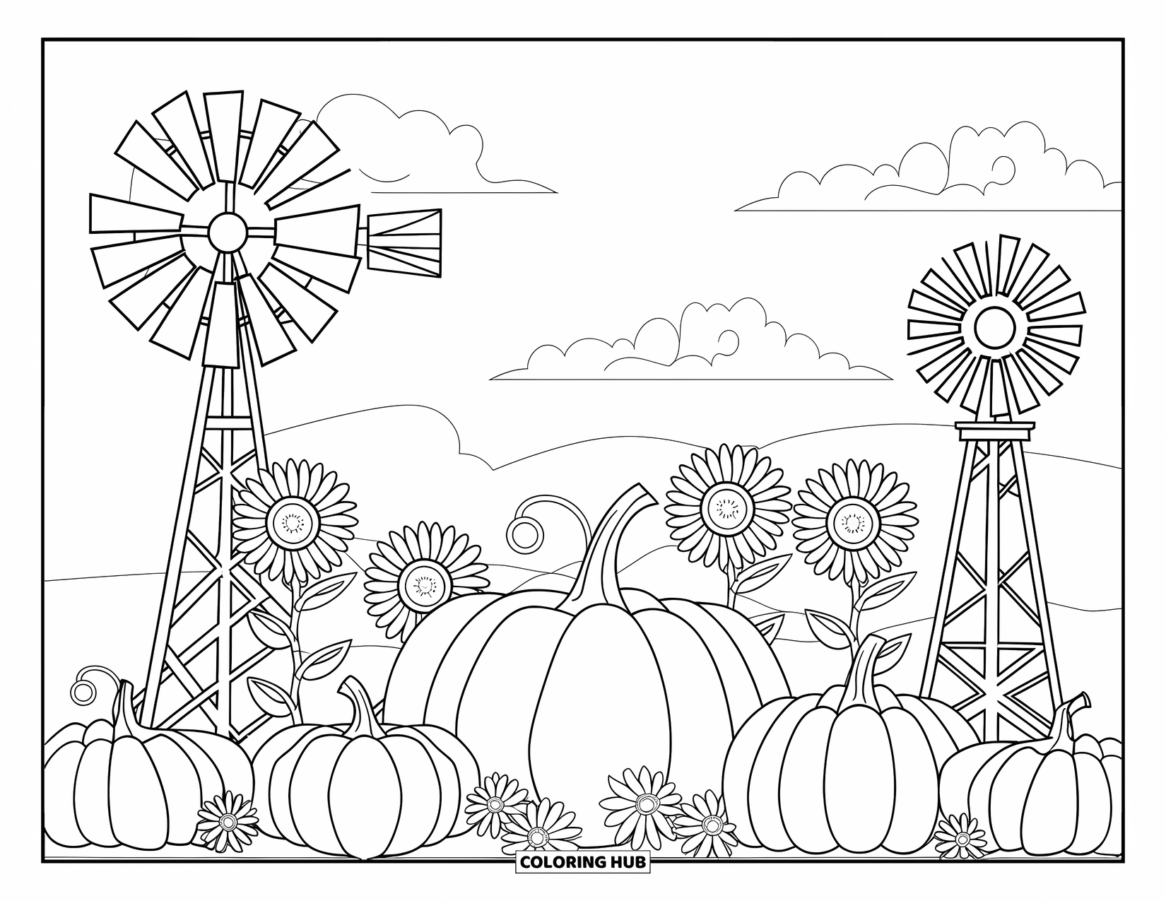 Pumpkin Patch Coloring Page for Kids: A pumpkin and sunflower scene with rustic windmills and a clear sky