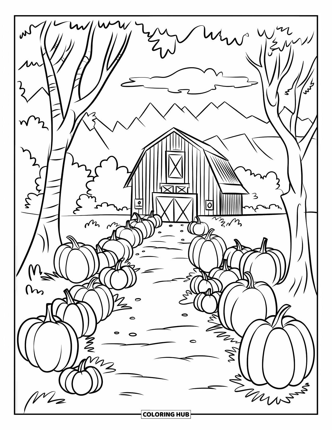 Pumpkin Patch Coloring Page for Kids: A pumpkin-lined trail leads to a wooden barn among the trees