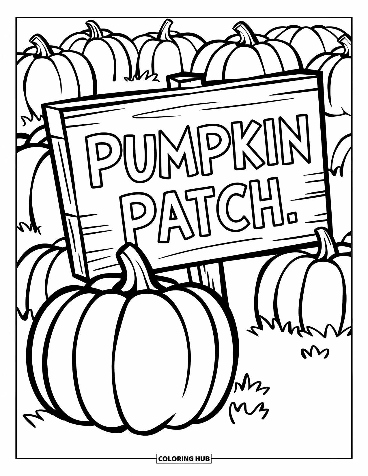 Pumpkin Patch Coloring Page for Kids: A pumpkin rests near a wooden "Pumpkin Patch" sign in a field