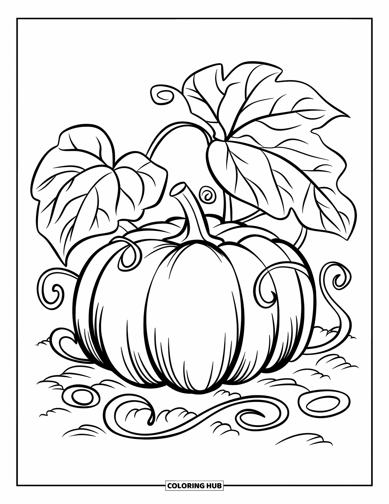 Pumpkin Patch Coloring Page for Kids: A round pumpkin with swirly vines and big leaves all around