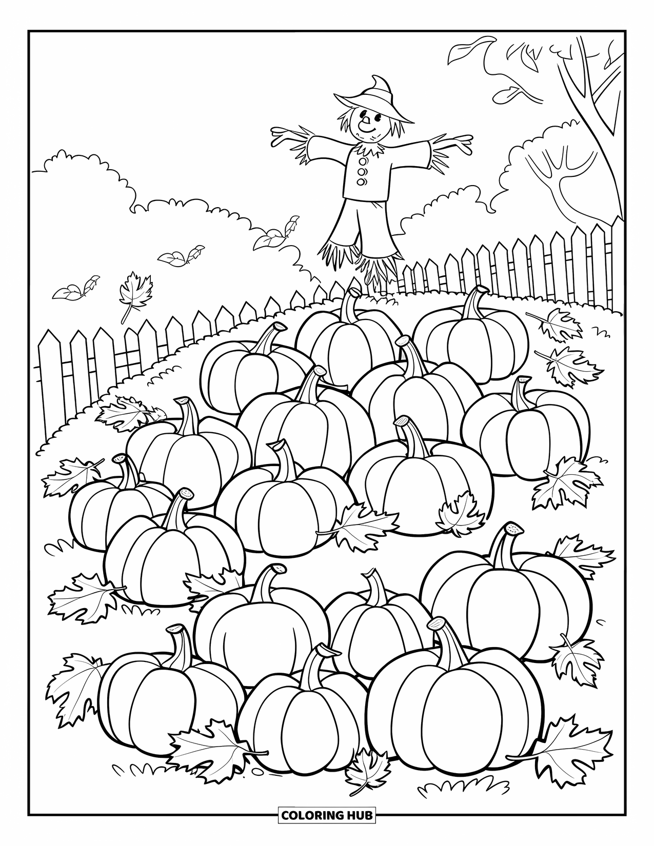 Pumpkin Patch Coloring Page for Kids: A scarecrow stands atop a pumpkin-covered hill with blowing leaves