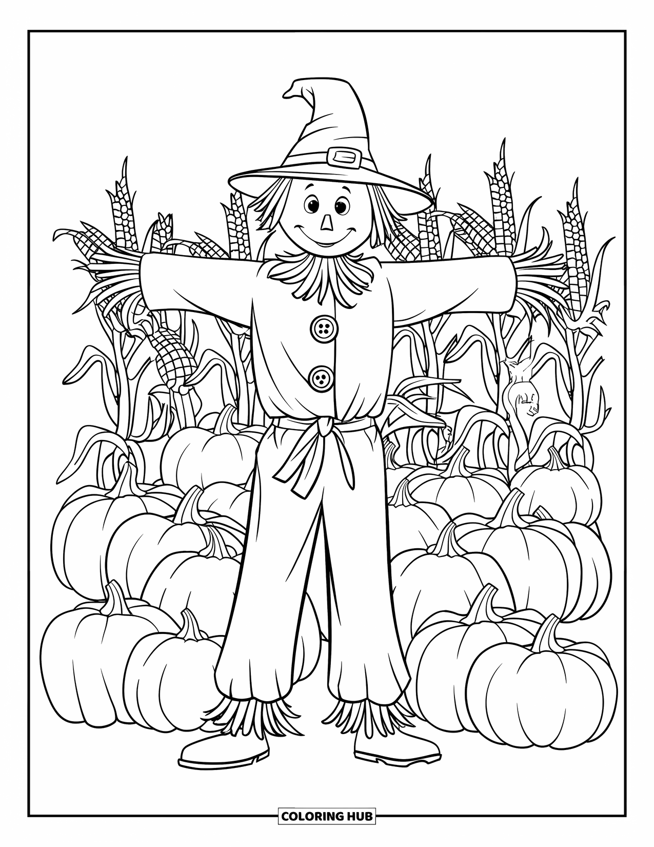 Pumpkin Patch Coloring Page for Kids: A scarecrow stands tall in a pumpkin and cornstalk field