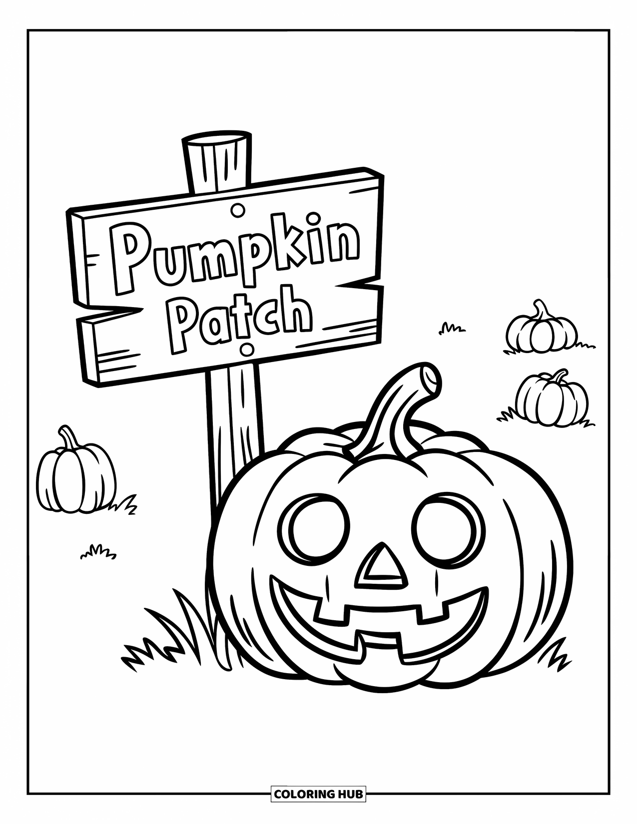 Pumpkin Patch Coloring Page for Kids: A scared-faced pumpkin sits beside a wooden "Pumpkin Patch" sign