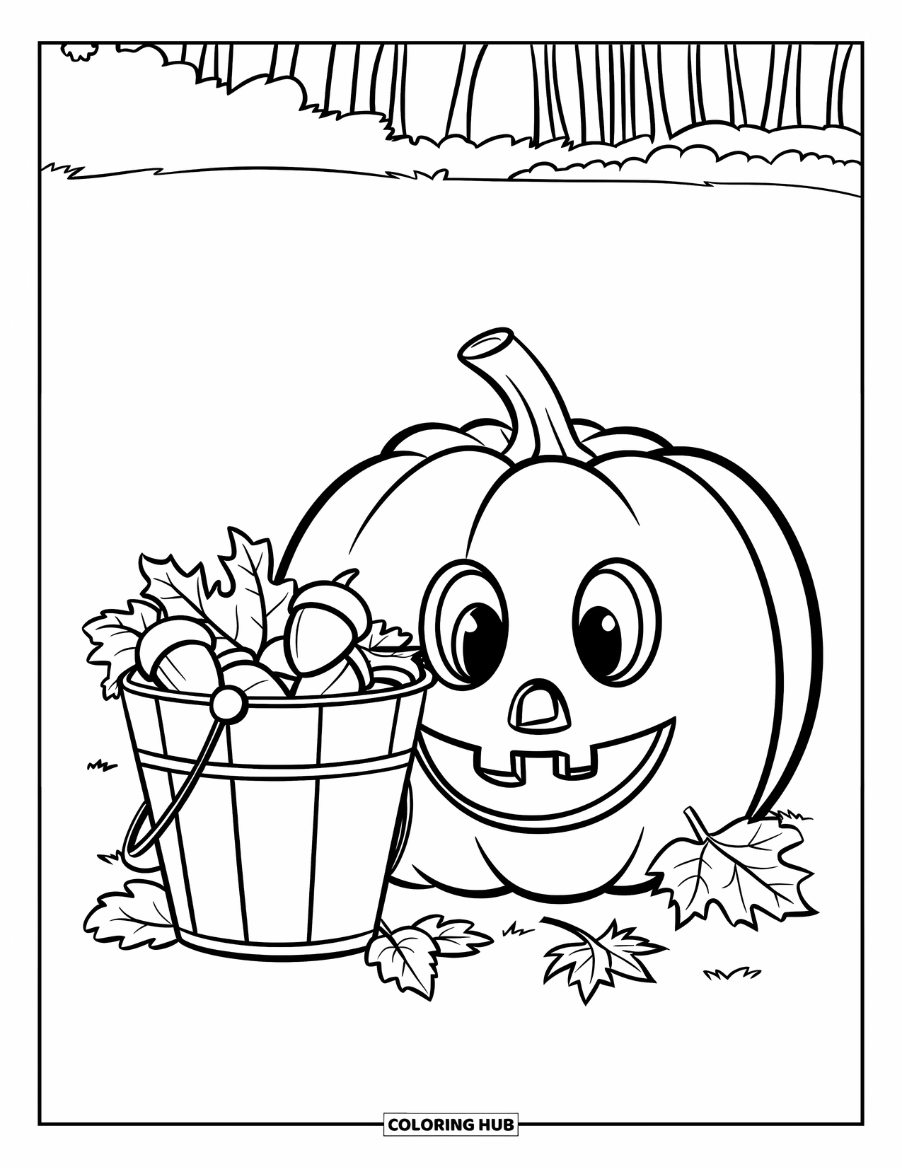 Pumpkin Patch Coloring Page for Kids: A smiling pumpkin sits beside a bucket full of acorns and leaves