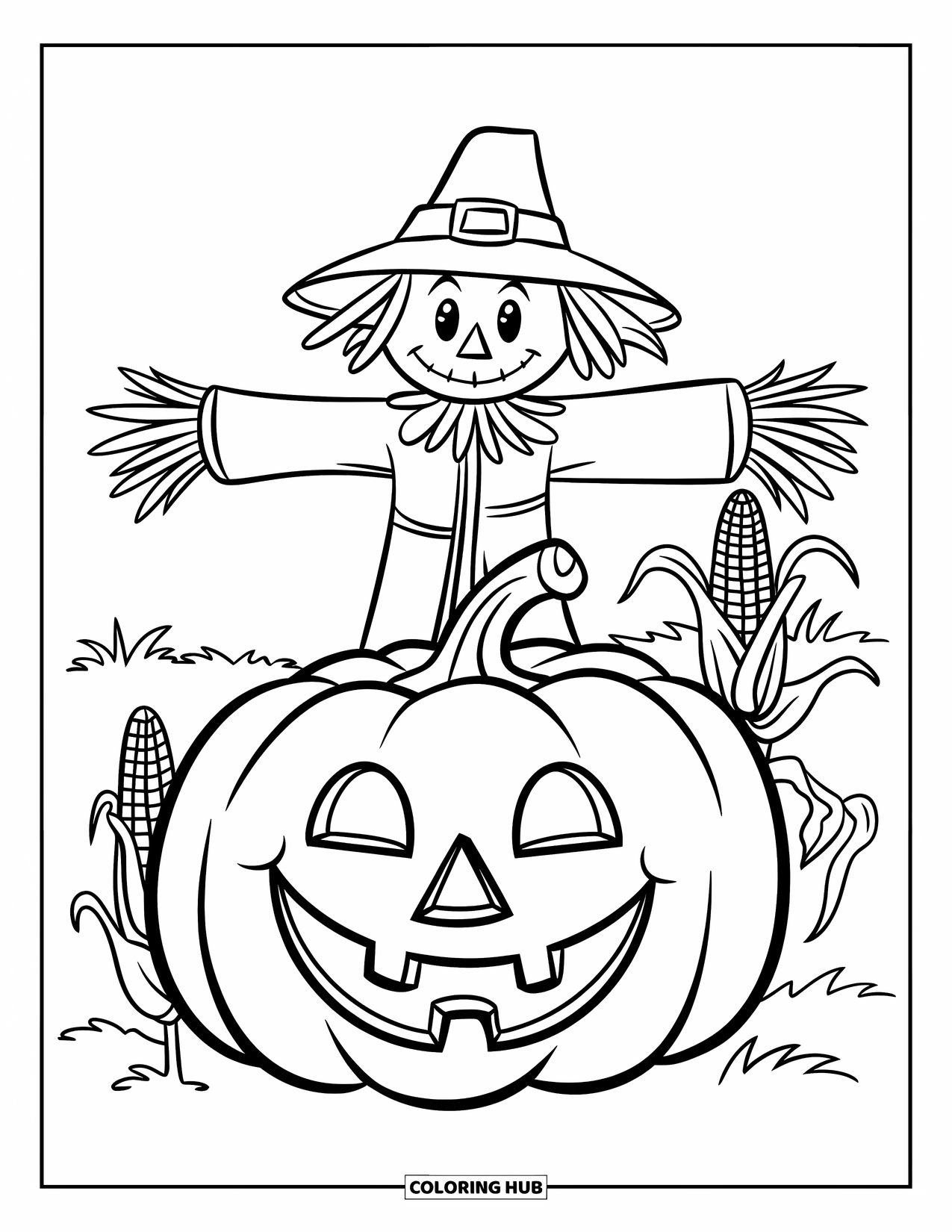 Pumpkin Patch Coloring Page for Kids: A smiling scarecrow stands behind a cheerful pumpkin in a field