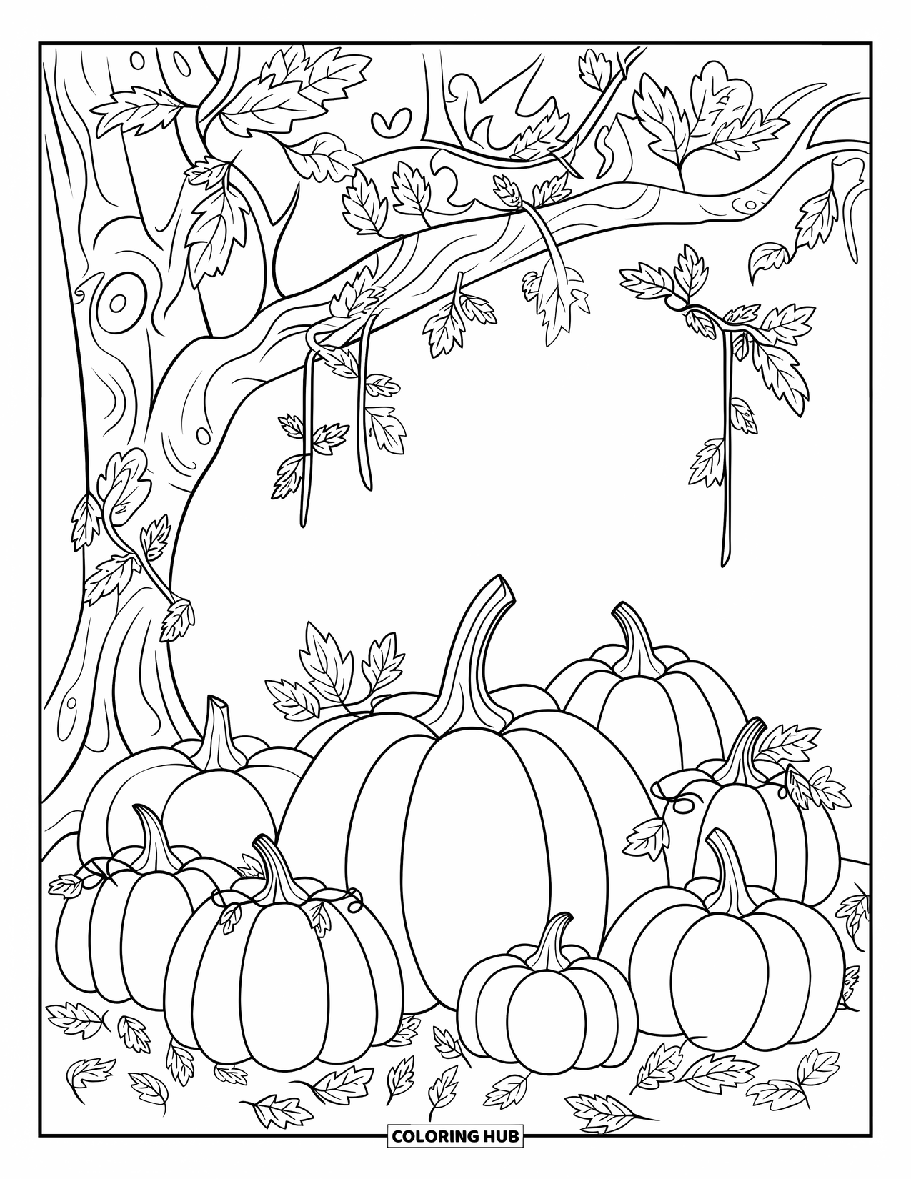 Pumpkin Patch Coloring Page for Kids: A tree with twisting vines shades a rustic patch of pumpkins