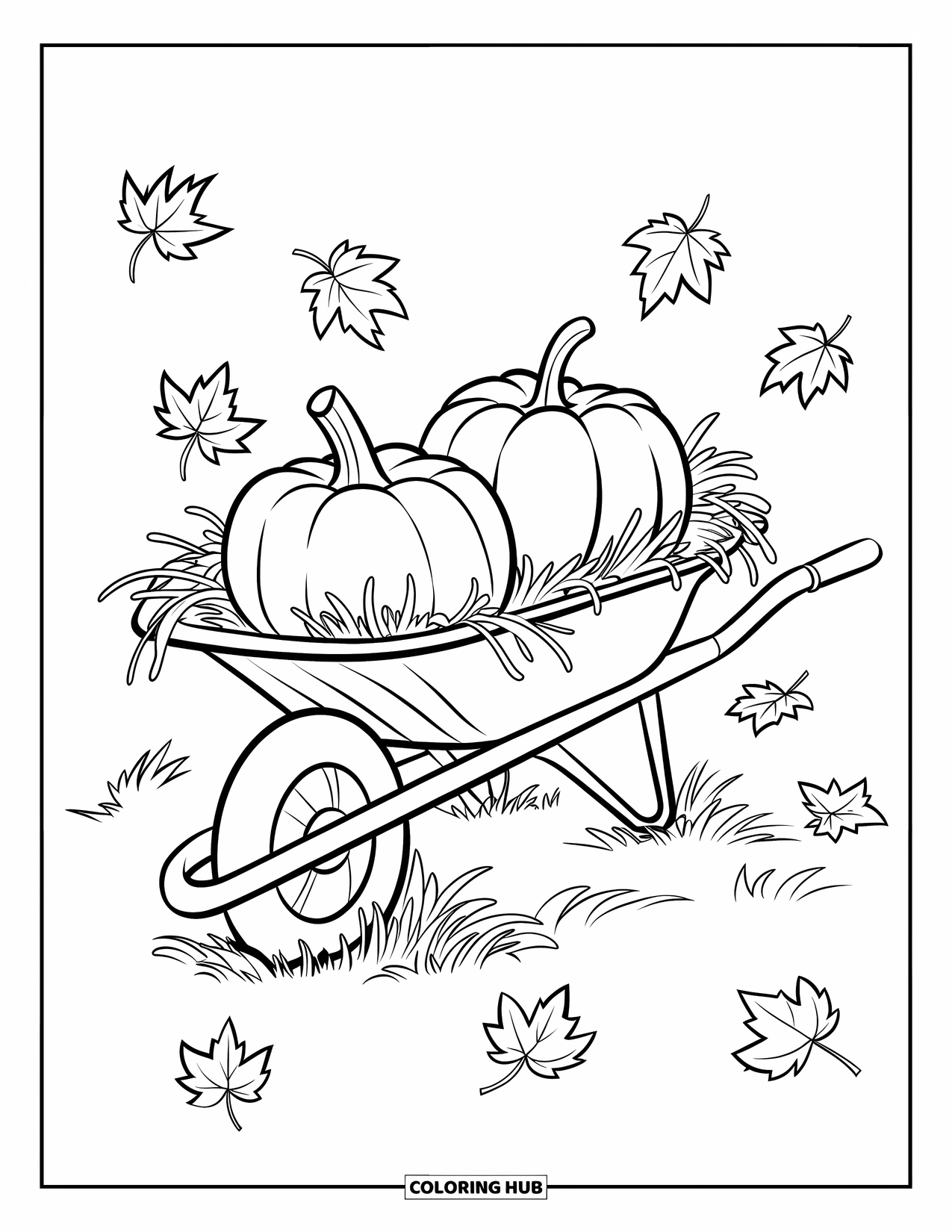 Pumpkin Patch Coloring Page for Kids: A wheelbarrow of pumpkins rests on the ground with leaves all around