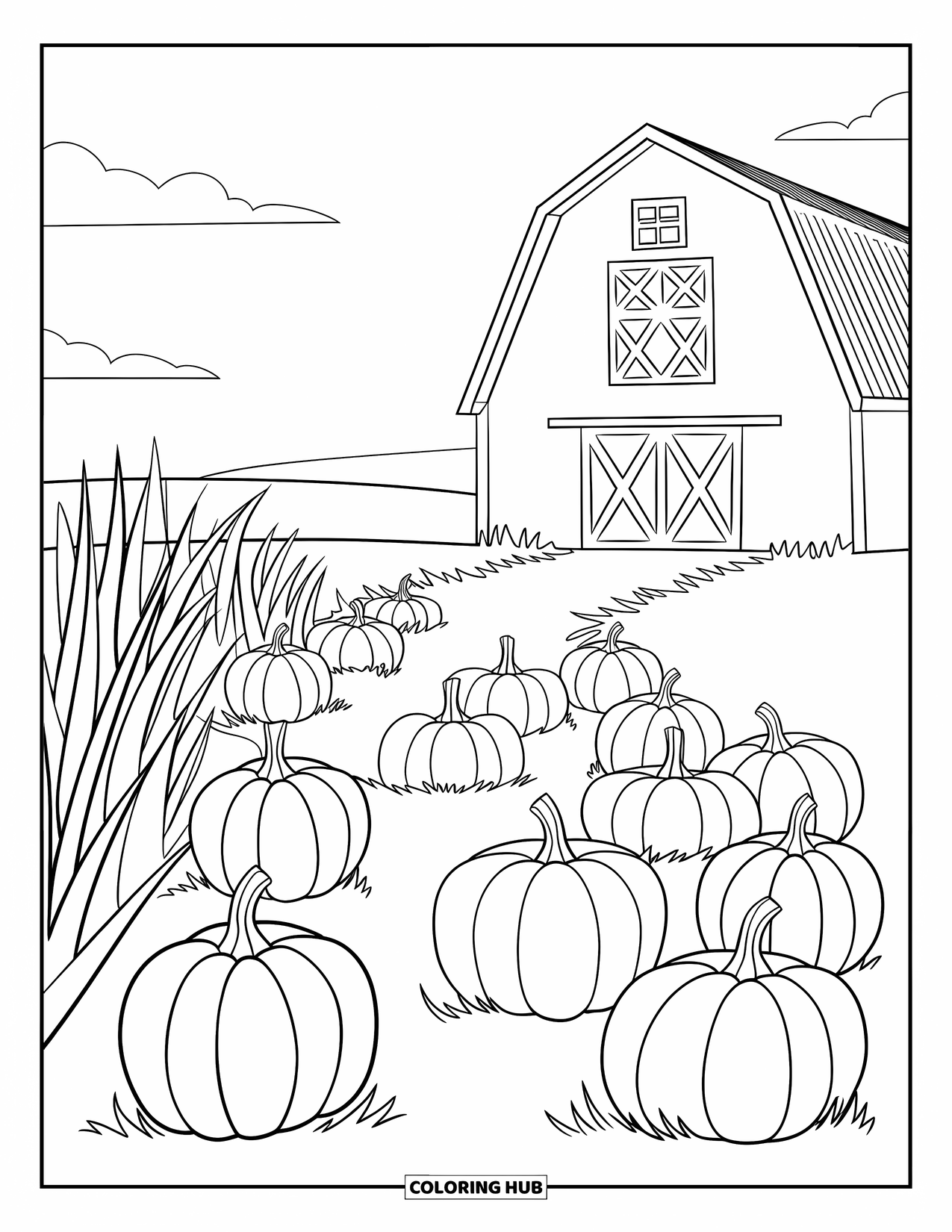 Pumpkin Patch Coloring Page for Kids: A winding trail of pumpkins leads to a barn under a bright sky