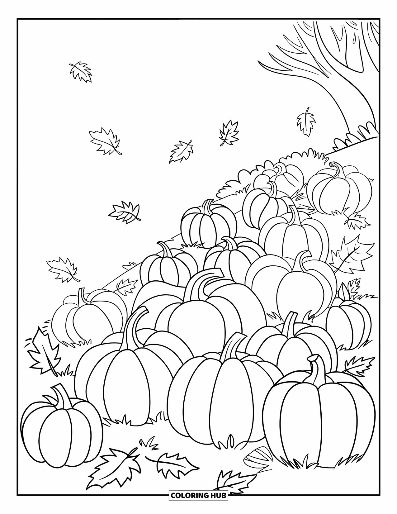 Pumpkin Patch Coloring Page for Kids: A windy hill filled with pumpkins and swirling autumn leaves