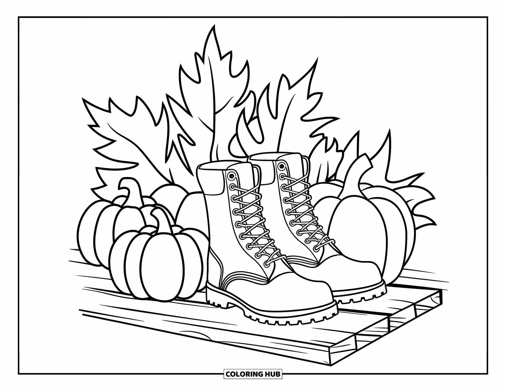 Pumpkin Patch Coloring Page for Kids: Boots rest near pumpkins and autumn branches on a wooden plank