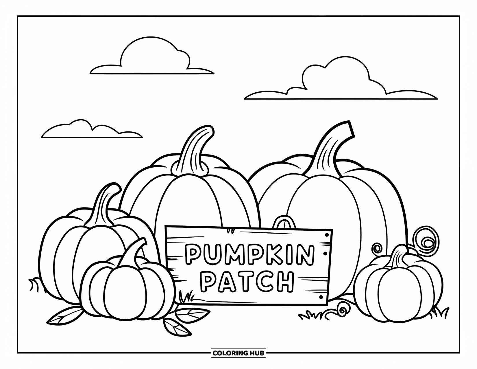 Pumpkin Patch Coloring Page for Kids: Five pumpkins with vines and a "Pumpkin Patch" sign in a field