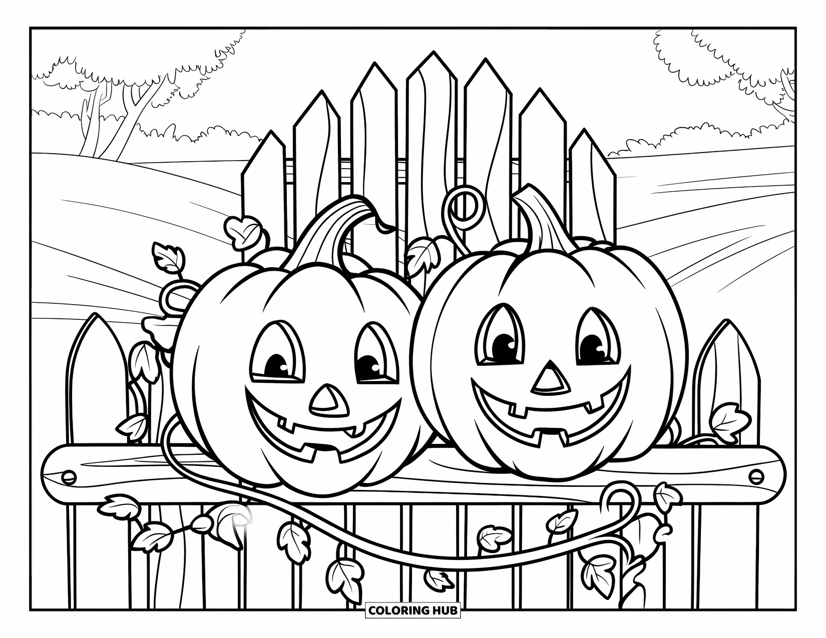 Pumpkin Patch Coloring Page for Kids: Playful pumpkins on vines smile behind a wooden fence and trees