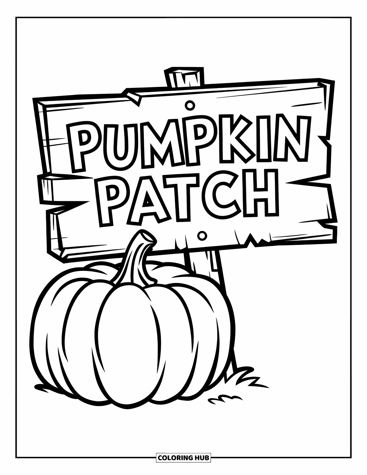 Pumpkin Patch Coloring Page for Kids: Pumpkin and sign sit together in a cute autumn-themed patch