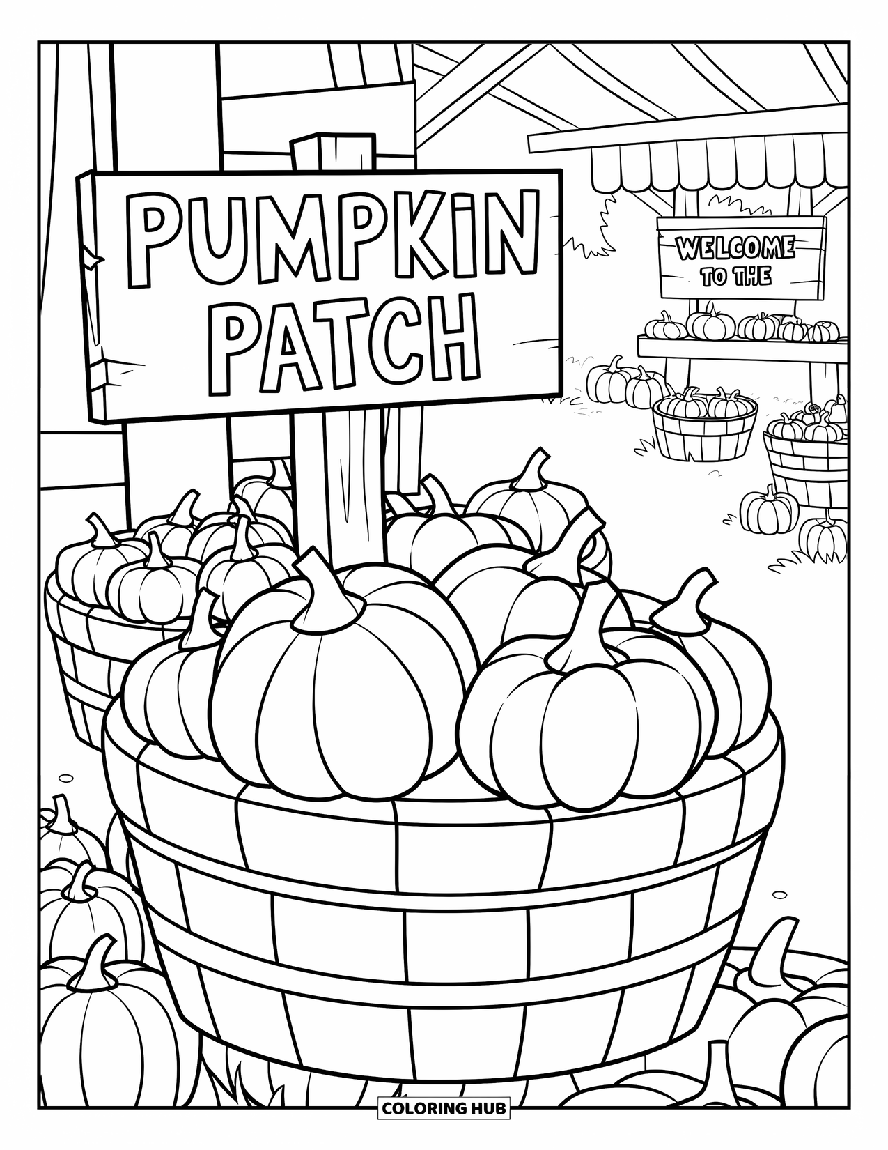 Pumpkin Patch Coloring Page for Kids: Pumpkin baskets with a "Pumpkin Patch" sign in a cozy market scene