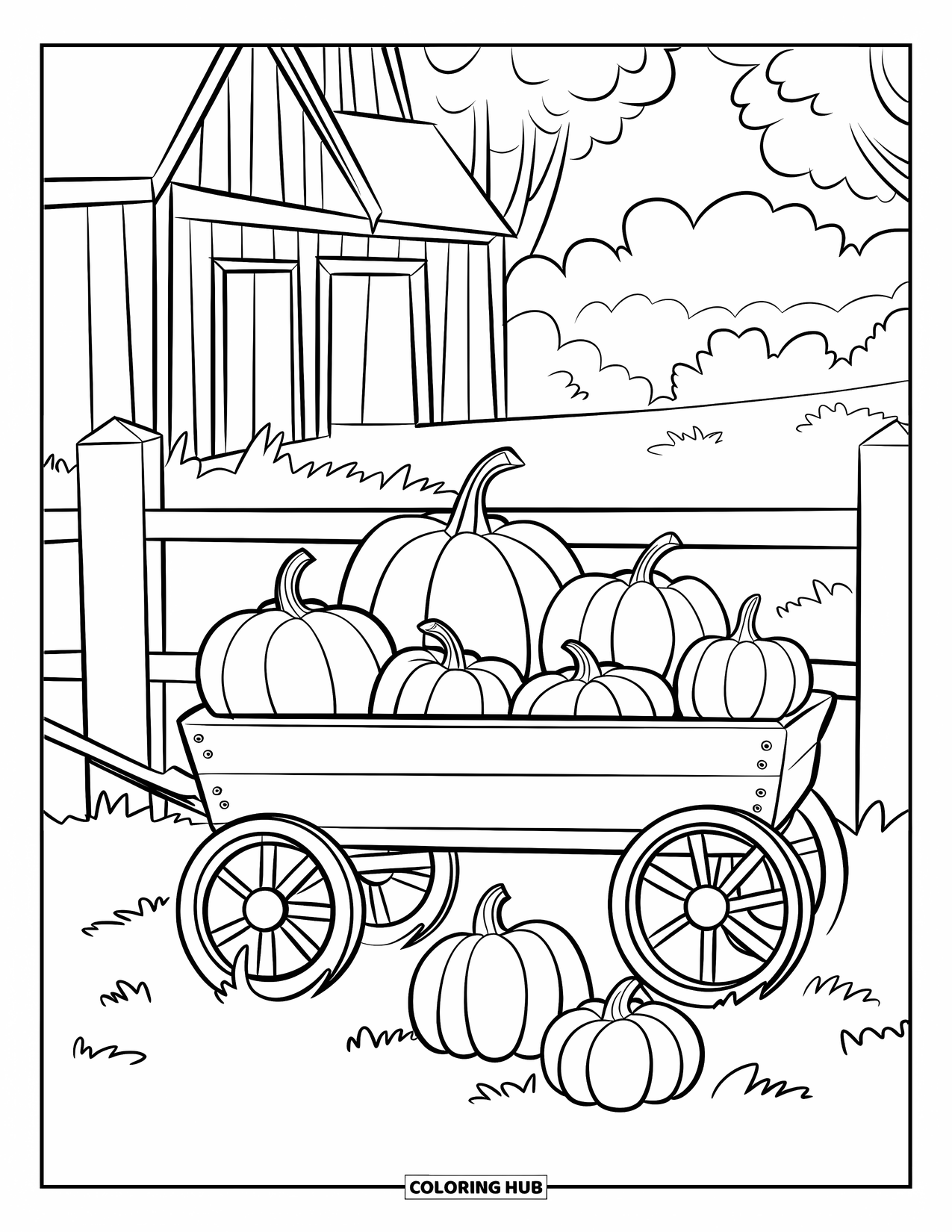 Pumpkin Patch Coloring Page for Kids: Pumpkin-filled wagon near a barn and trees in a cozy farm scene