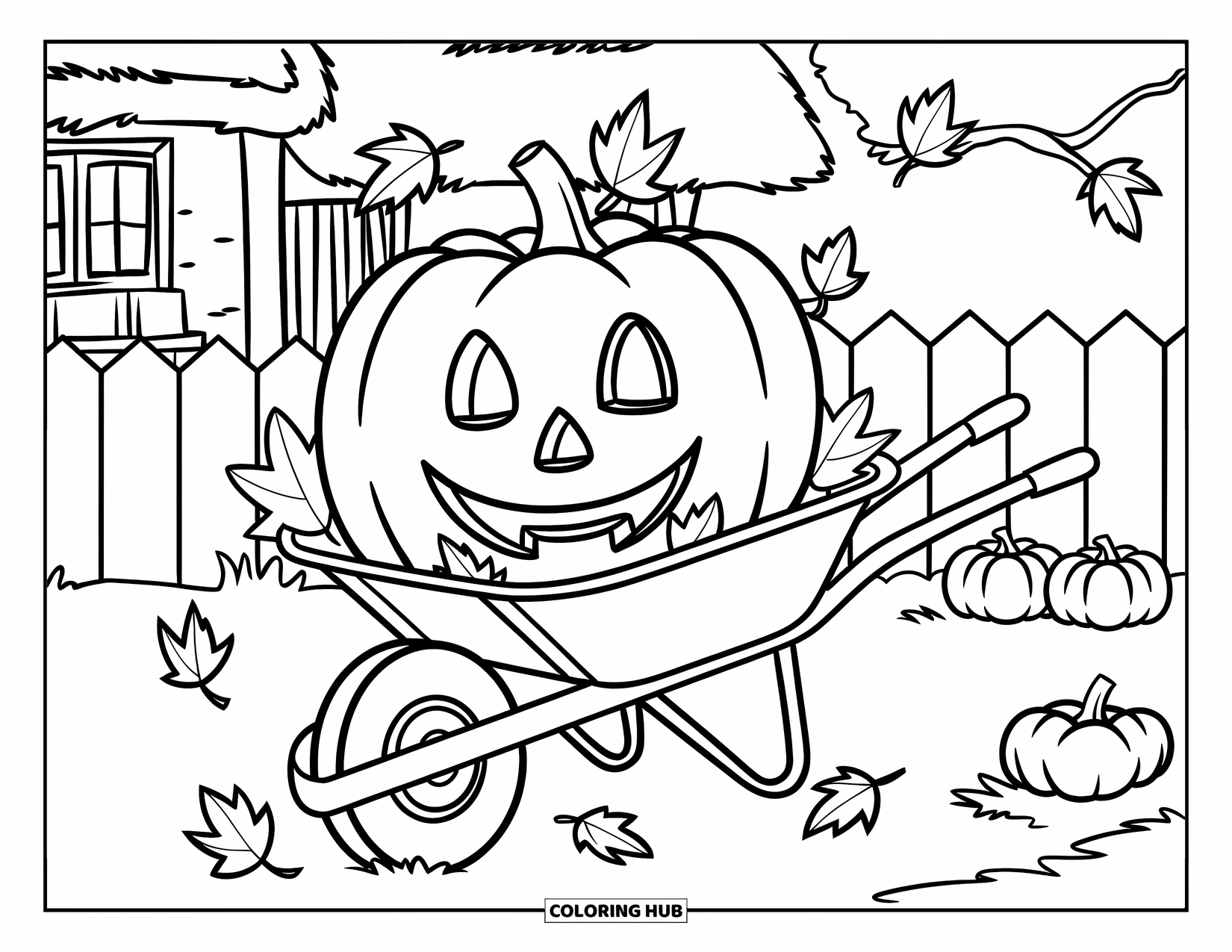 Pumpkin Patch Coloring Page for Kids: Pumpkin in a wheelbarrow smiles under trees with falling leaves