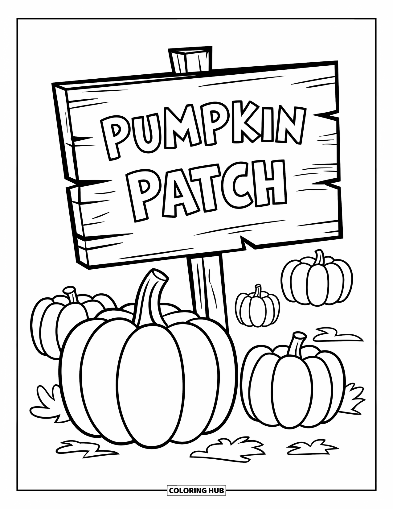 Pumpkin Patch Coloring Page for Kids: Pumpkin next to a short wooden sign that says "Pumpkin Patch"