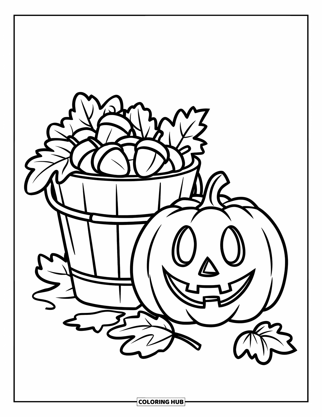 Pumpkin Patch Coloring Page for Kids: Pumpkin with a happy face sits beside a bucket of fall goodies