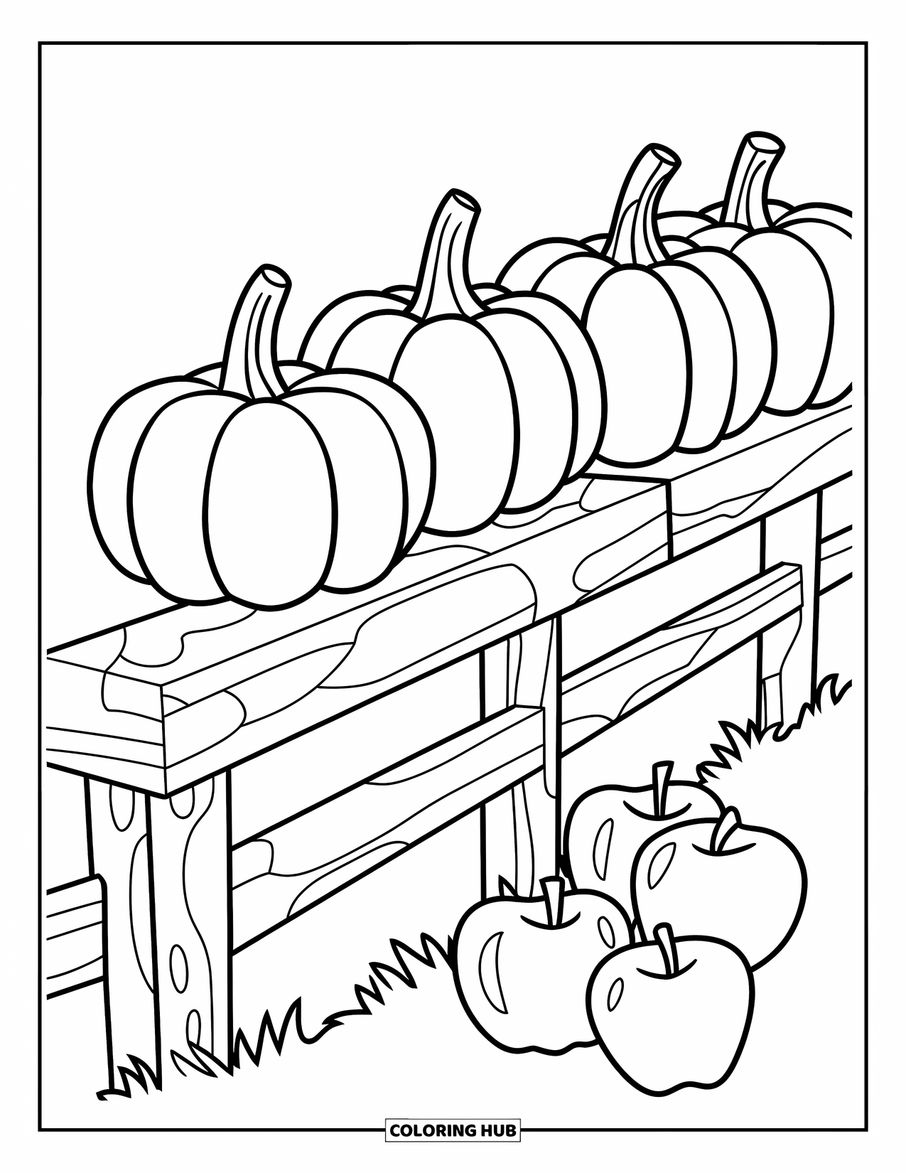 Pumpkin Patch Coloring Page for Kids: Pumpkins and apples arranged neatly on a weathered fence
