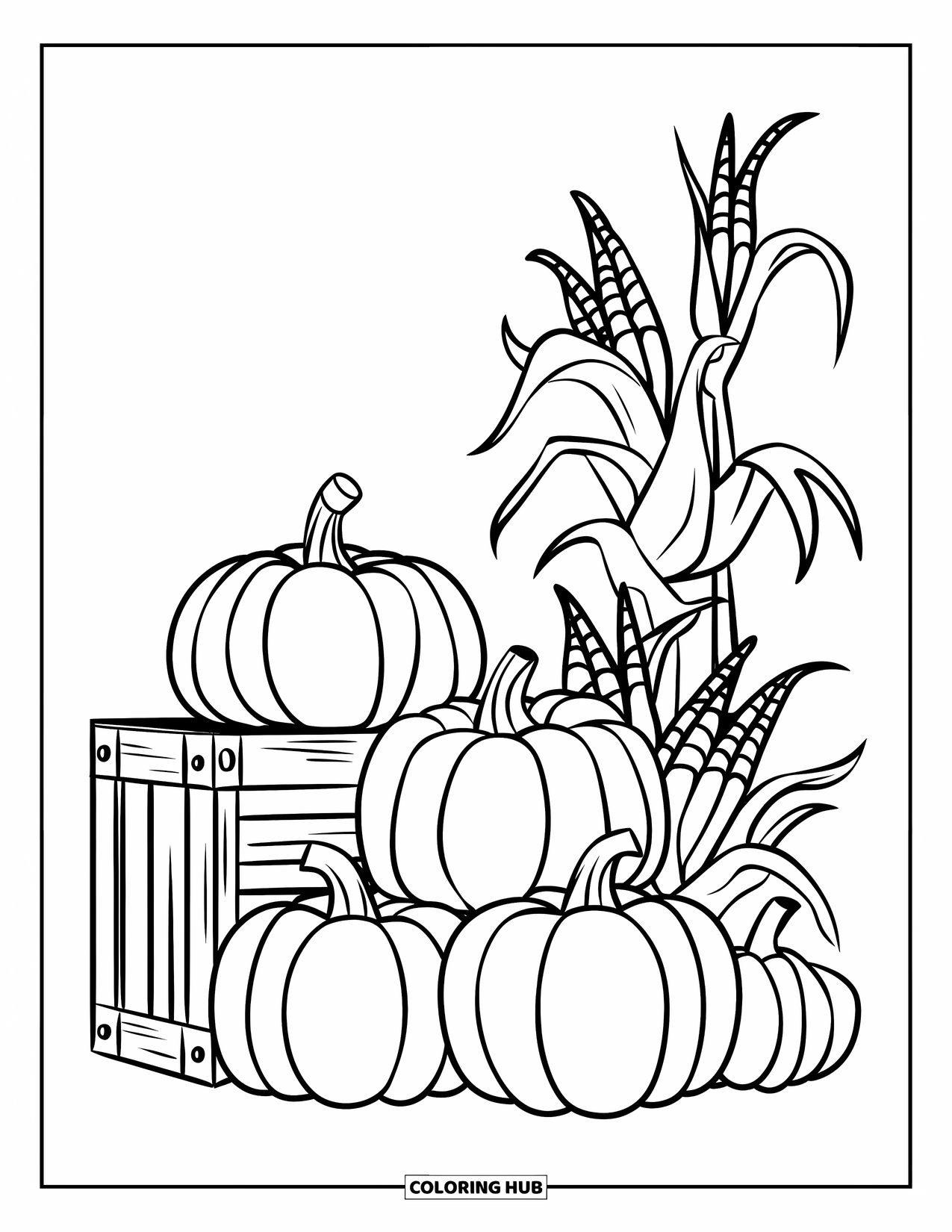 Pumpkin Patch Coloring Page for Kids: Pumpkins and cornstalks rest beside a crate in a fun fall scene