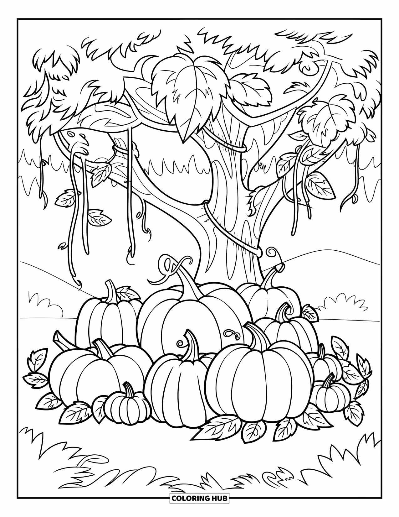 Pumpkin Patch Coloring Page for Kids: Pumpkins and vines rest under a tall tree with scattered leaves
