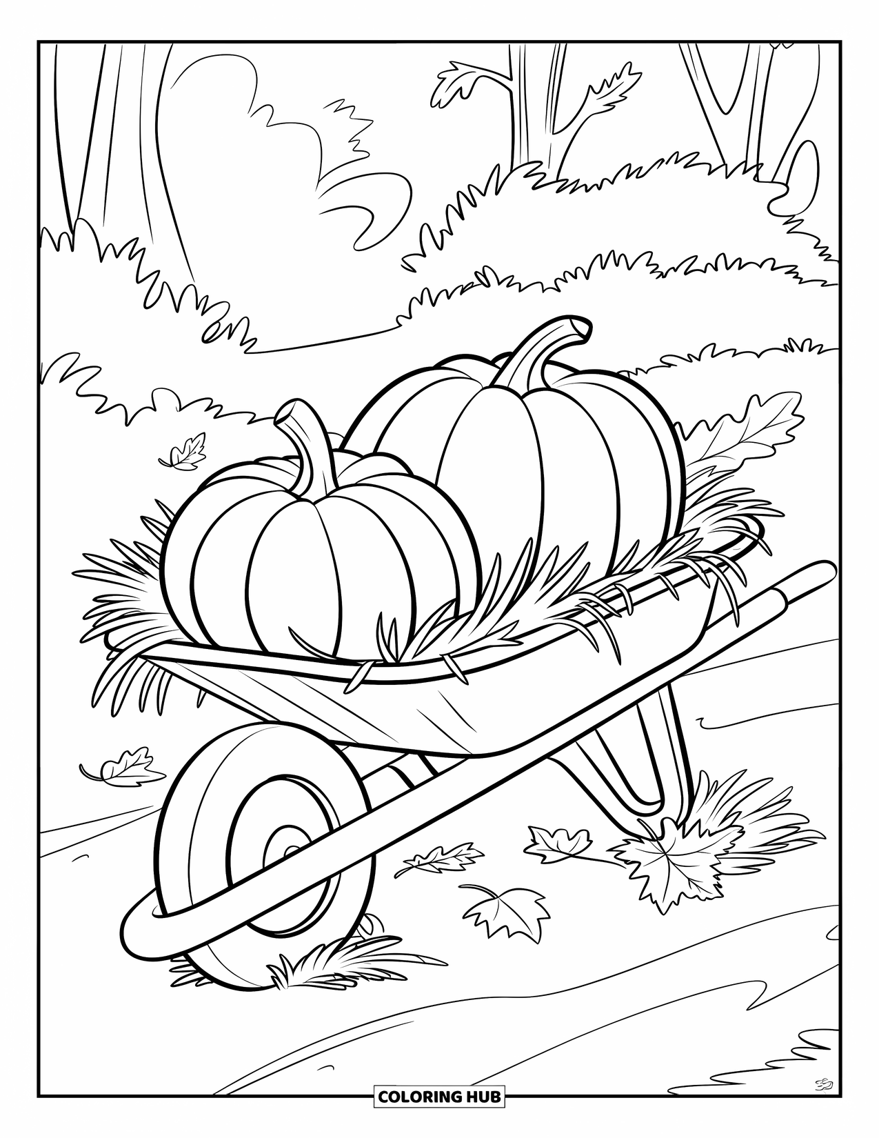 Pumpkin Patch Coloring Page for Kids: Pumpkins in a wheelbarrow on a path with trees in the distance