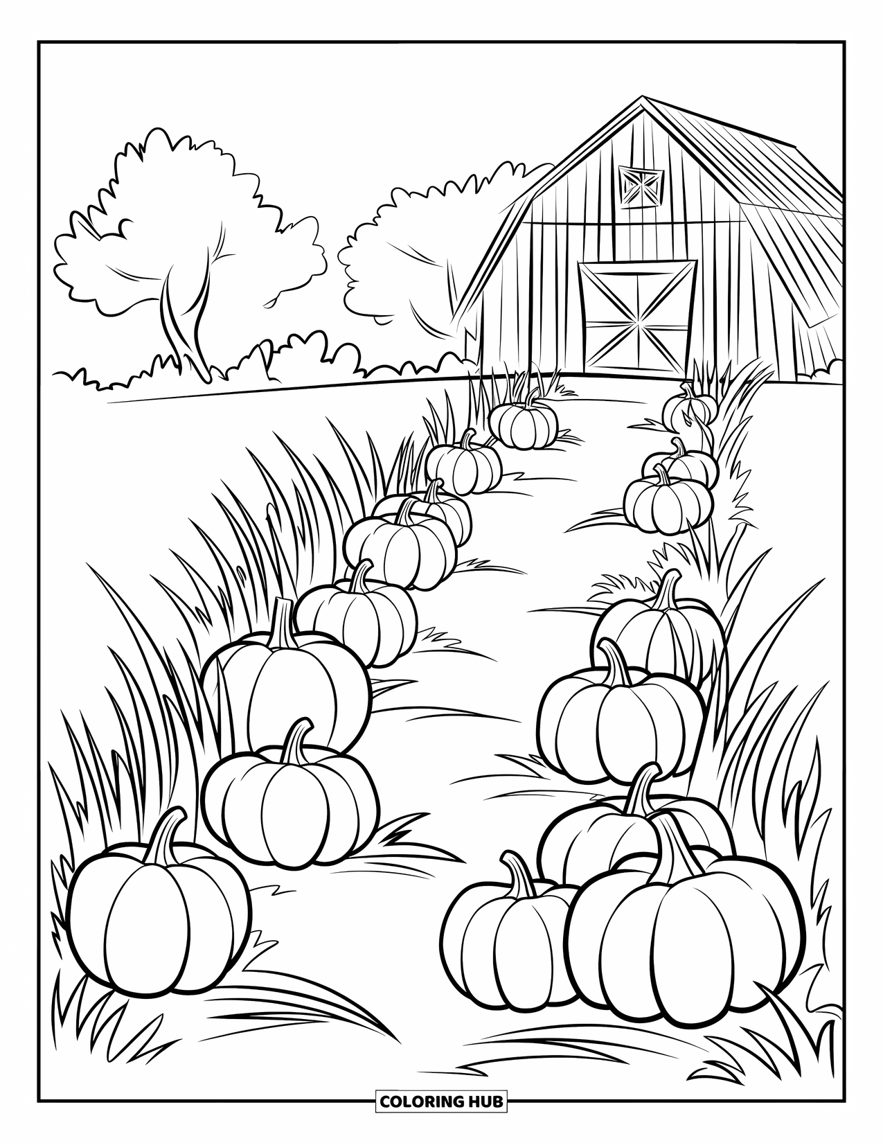 Pumpkin Patch Coloring Page for Kids: Pumpkins line a grassy path that ends at a wooden barn